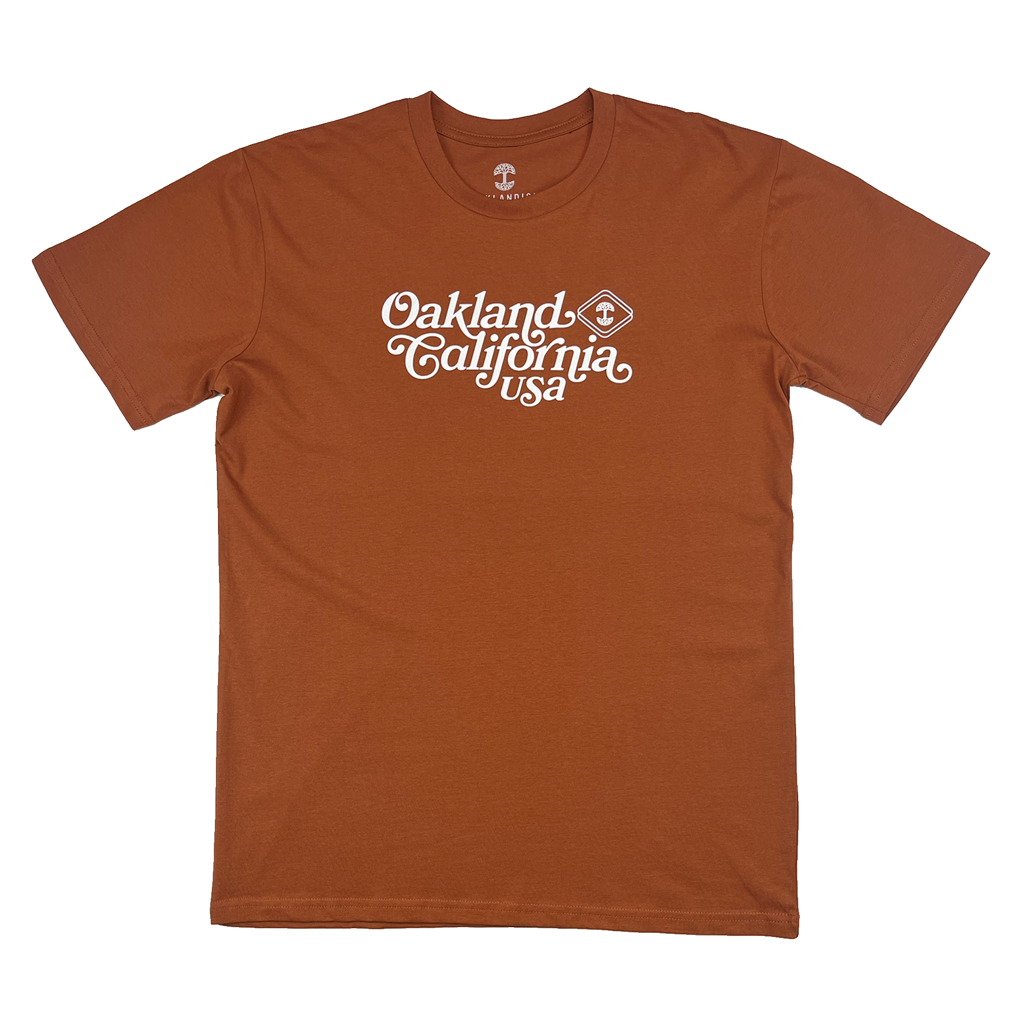 Clay red t-shirt with white Oakland, California, USA graphic in cursive and Oaklandish logo.