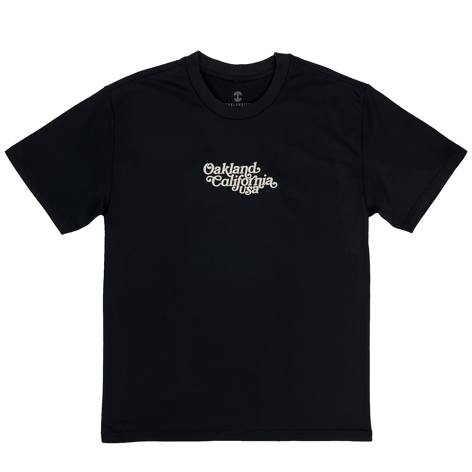 Front view of black t-shirt with white Oakland California USA script embroidered on chest.