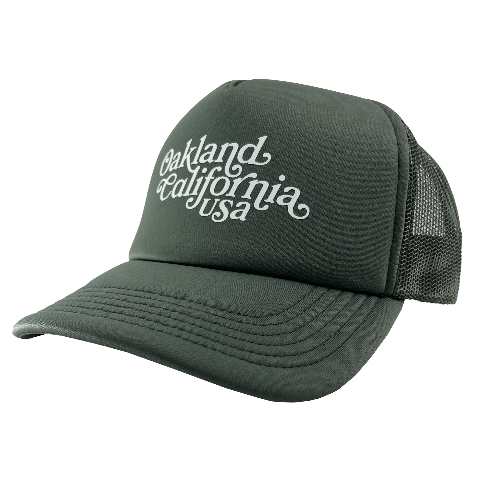 Front view of cypress green trucker cap with foam front panel, mesh back, adjustable with white Oakland, California, USA wordmark.