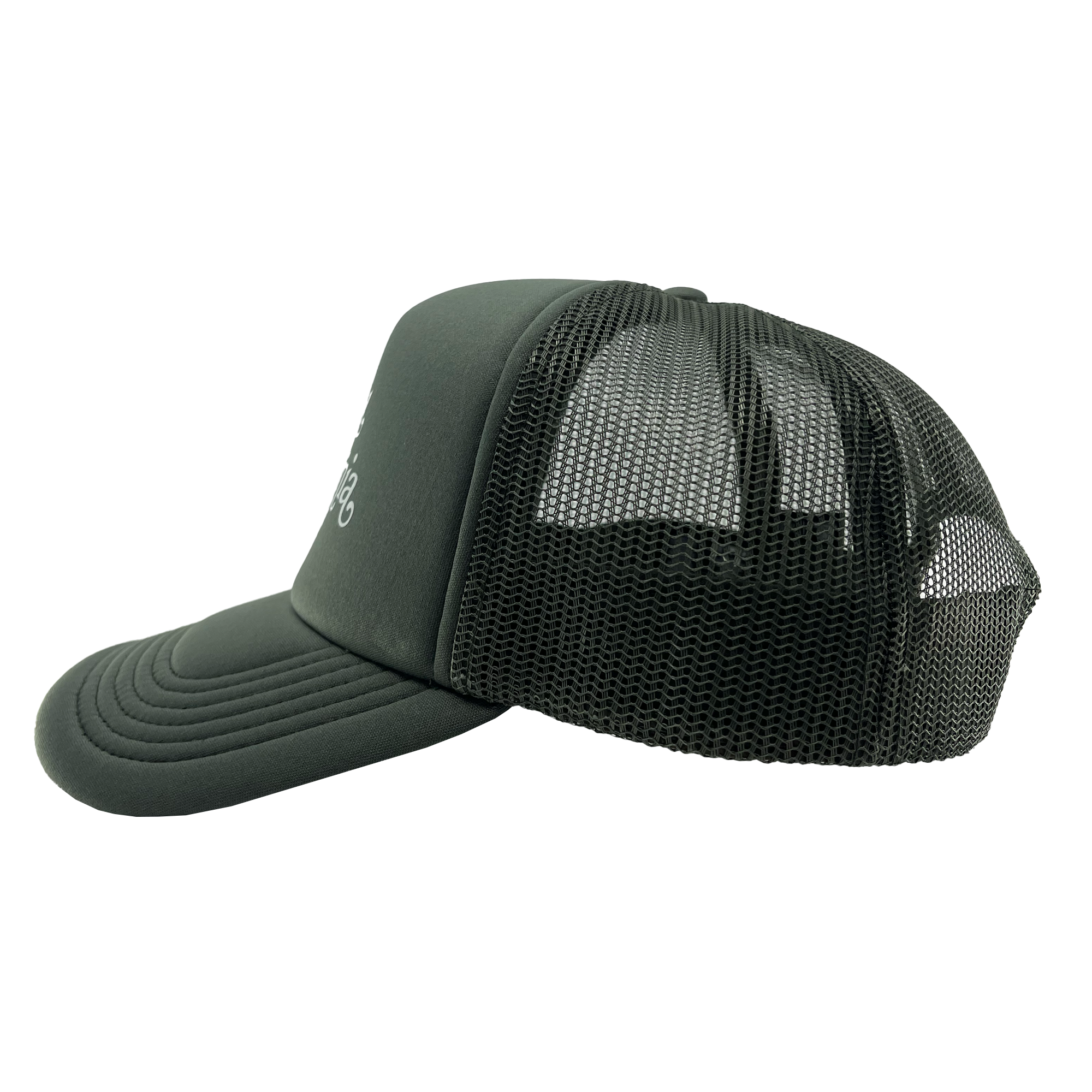 The Bookman Trucker by Oaklandish is a vintage-style hat featuring a polyester foam front panel and a slightly curved bill. The front and bill are crafted from solid black fabric, while the recycled polyester mesh back and sides enhance breathability. The hat is adorned with a small white logo on the front panel, which is partially visible from this side view angle.