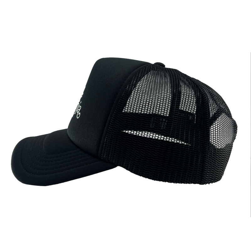 Side view of a black trucker cap with foam front panel, mesh back and adjustable back.