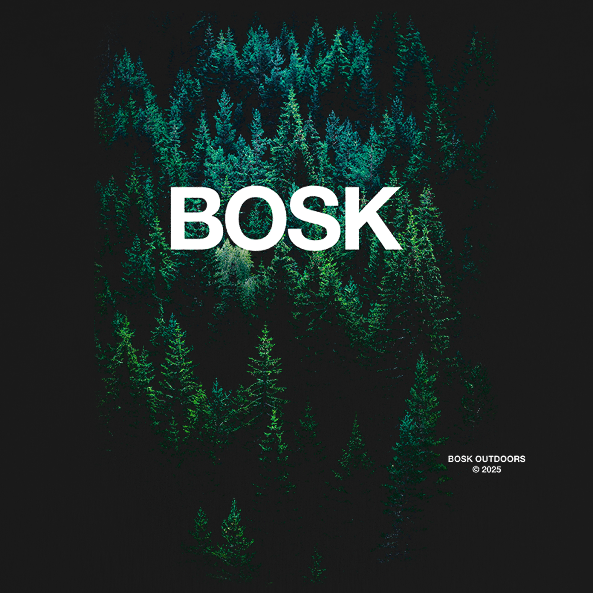 An aerial view of a dense, lush green coniferous forest with "BOSK" in large white letters centered on top. Designed for the BOSK Forest Brush Tee, it features “BOSK OUTDOORS © 2023” in small white text at the lower right.