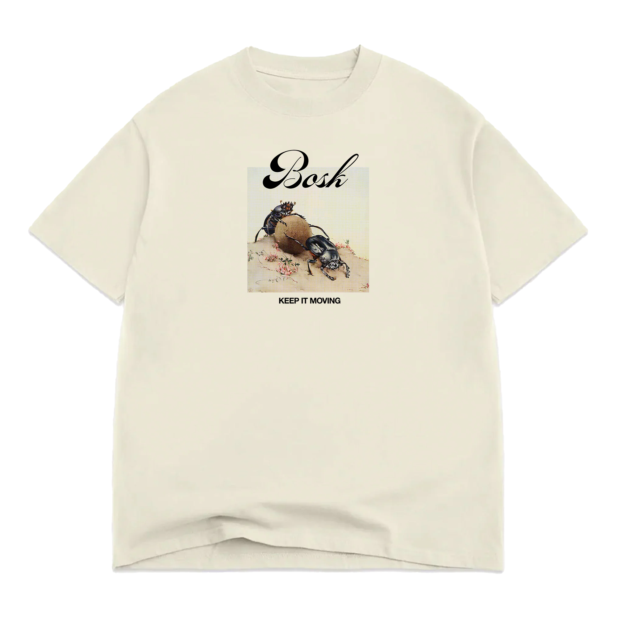 The BOSK Moving Tee is a classic fit off white t-shirt with a black beetle and rock graphic on sand, "BOSK" scripted above, and "KEEP IT MOVING" below. Made from heavy-weight cotton, it's shown laid flat with subtle hem folds.