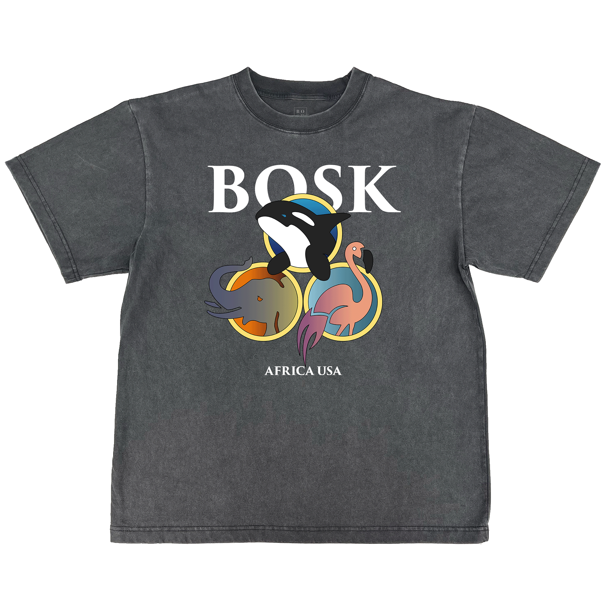 The BOSK Bosk World Tee is a faded black, classic fit, heavy-weight cotton shirt featuring bold white "BOSK" text above cartoon killer whale, elephant, and flamingo graphics with "AFRICA USA" printed underneath.