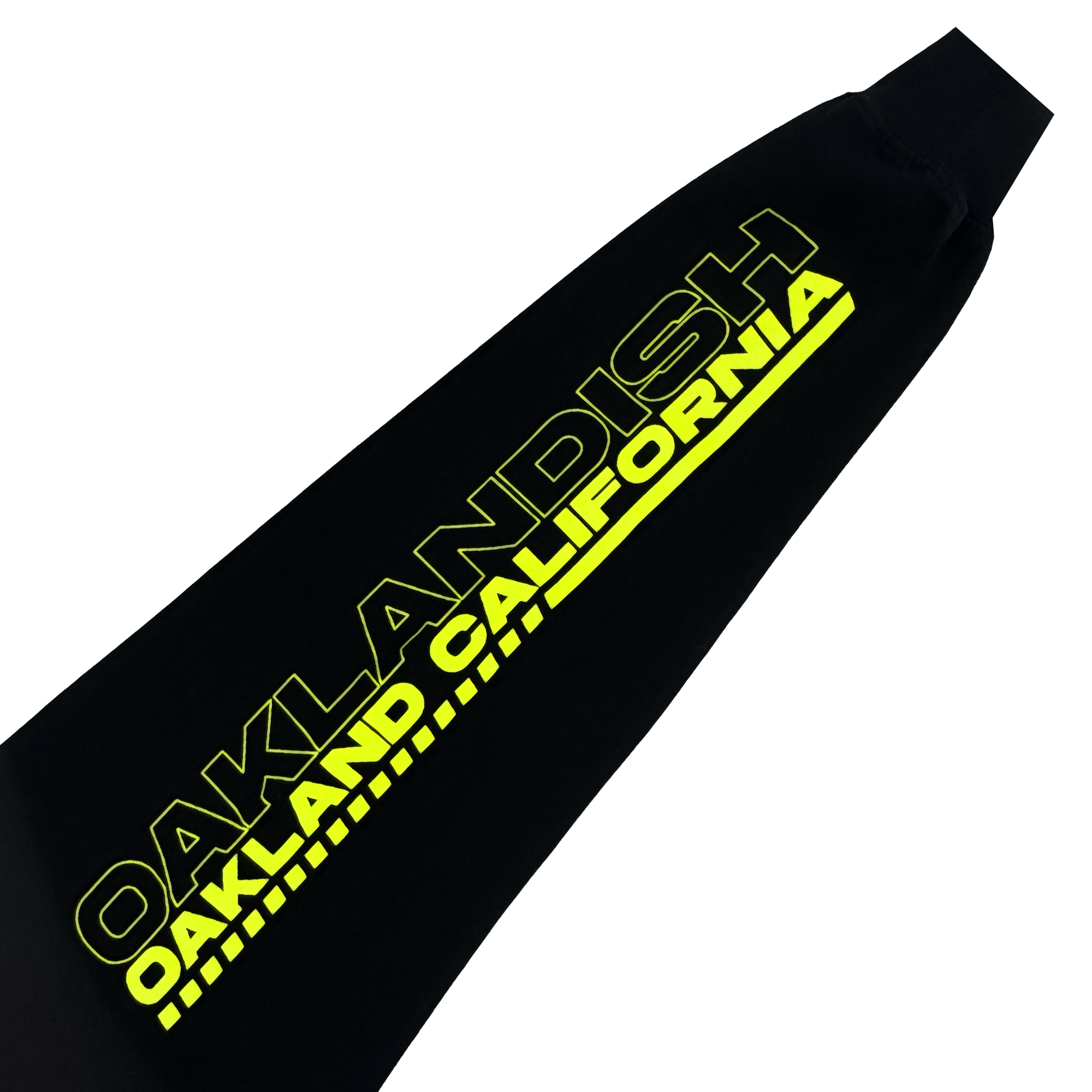 The Brrraaap Moto LS Tee by Oaklandish is a black men’s long sleeve shirt featuring bold, bright yellow “OAKLANDISH” text above smaller “OAKLAND CALIFORNIA” lettering with diagonal lines, shown on a plain white background.