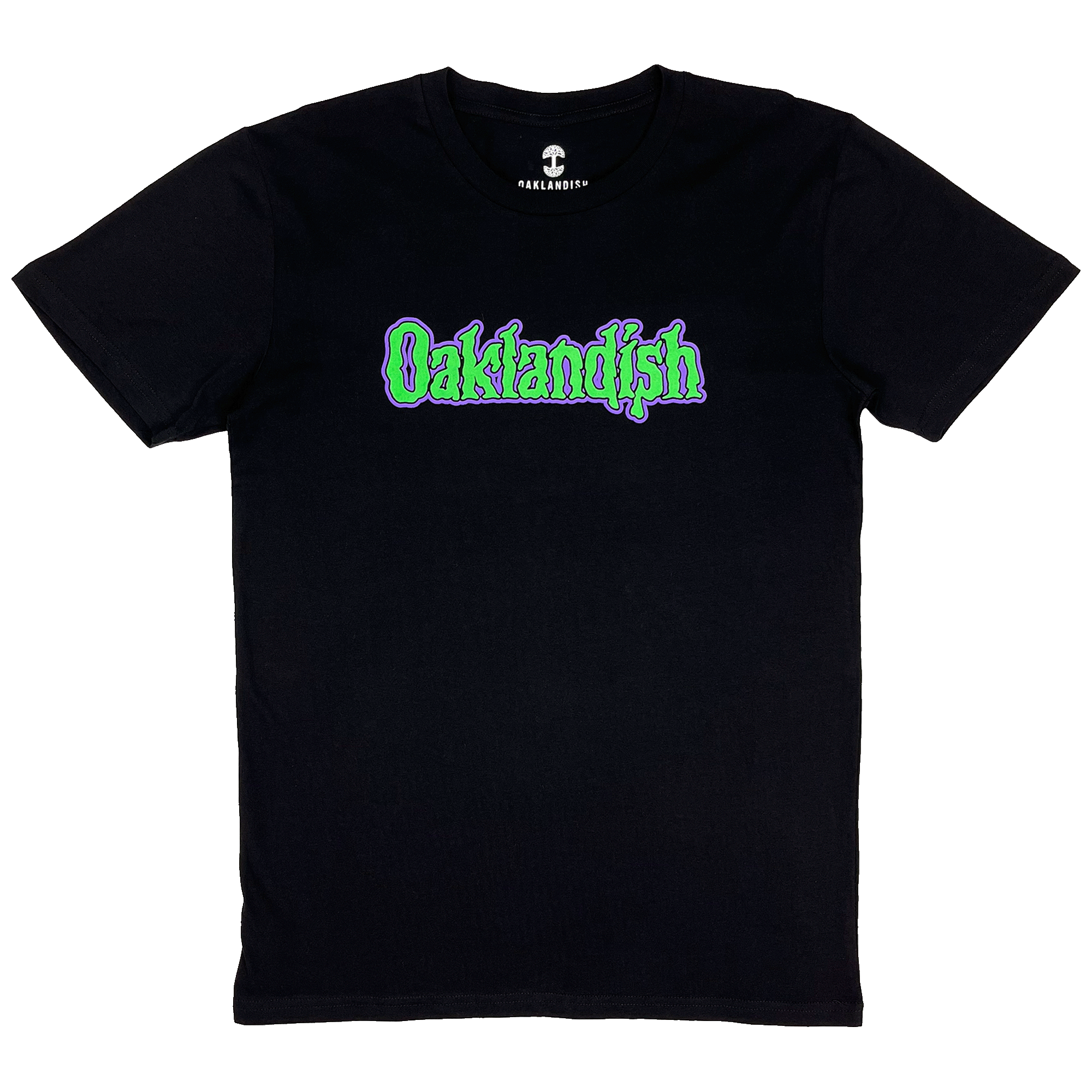 Black t-shirt with Oaklandish wordmark in green and purple spooky dripping font on the front chest.