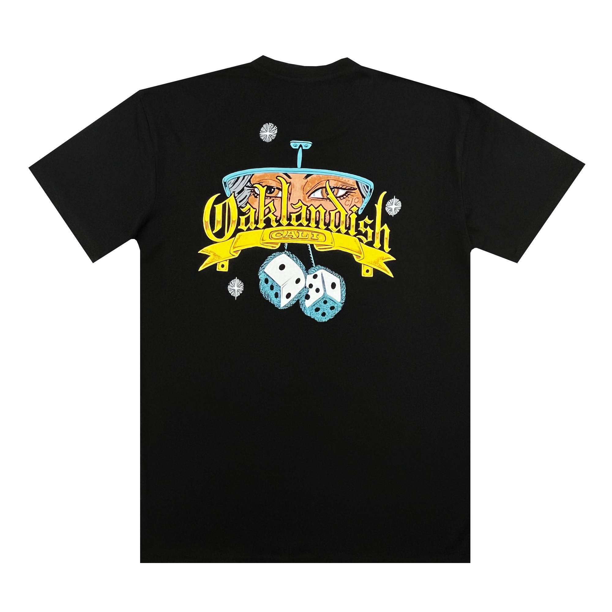 The backside of a black Oaklandish t-shirt with Oakland Crusin's graphic featuring a stylized rear view mirror and hanging dice.