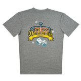 The backside of a heather grey t-shirt with Oakland Crusin' graphic featuring a stylized rear view mirror and hanging dice.