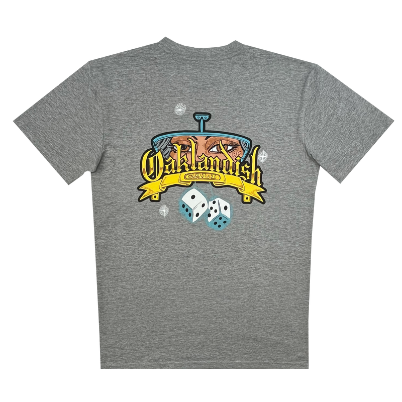 The backside of a heather grey t-shirt with Oakland Crusin' graphic featuring a stylized rear view mirror and hanging dice.
