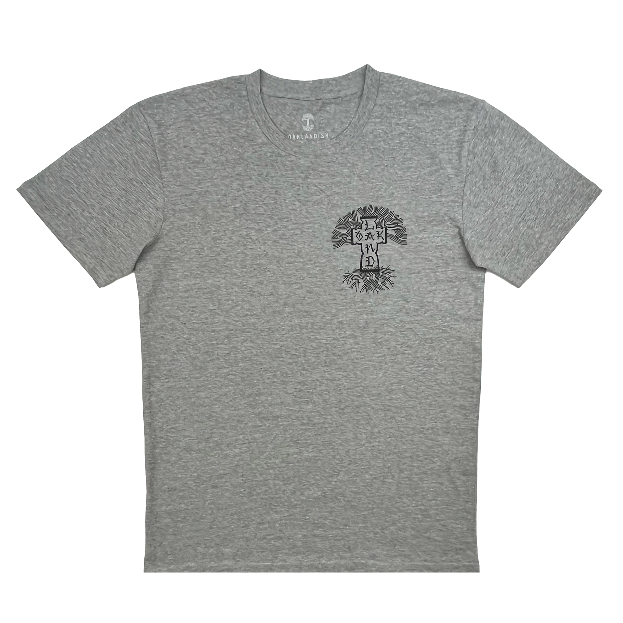 Front view of a black Oaklandish x Cali Cruise stylized logo design in black ink on the left chest of a heather grey t-shirt.