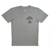 Front view of a black Oaklandish x Cali Cruise stylized logo design in black ink on the left chest of a heather grey t-shirt.