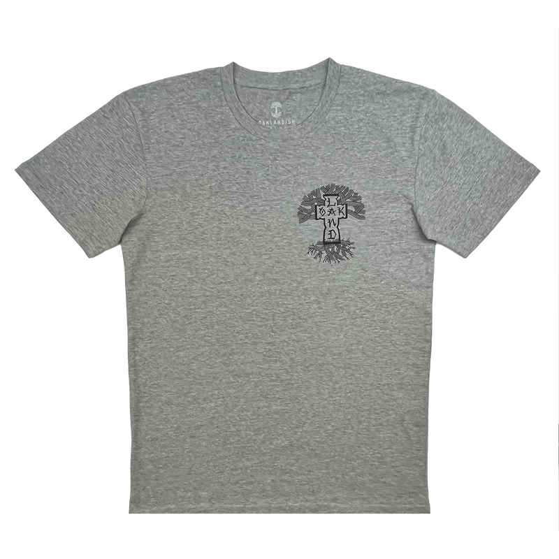 Front view of a black Oaklandish x Cali Cruise stylized logo design in black ink on the left chest of a heather grey t-shirt.