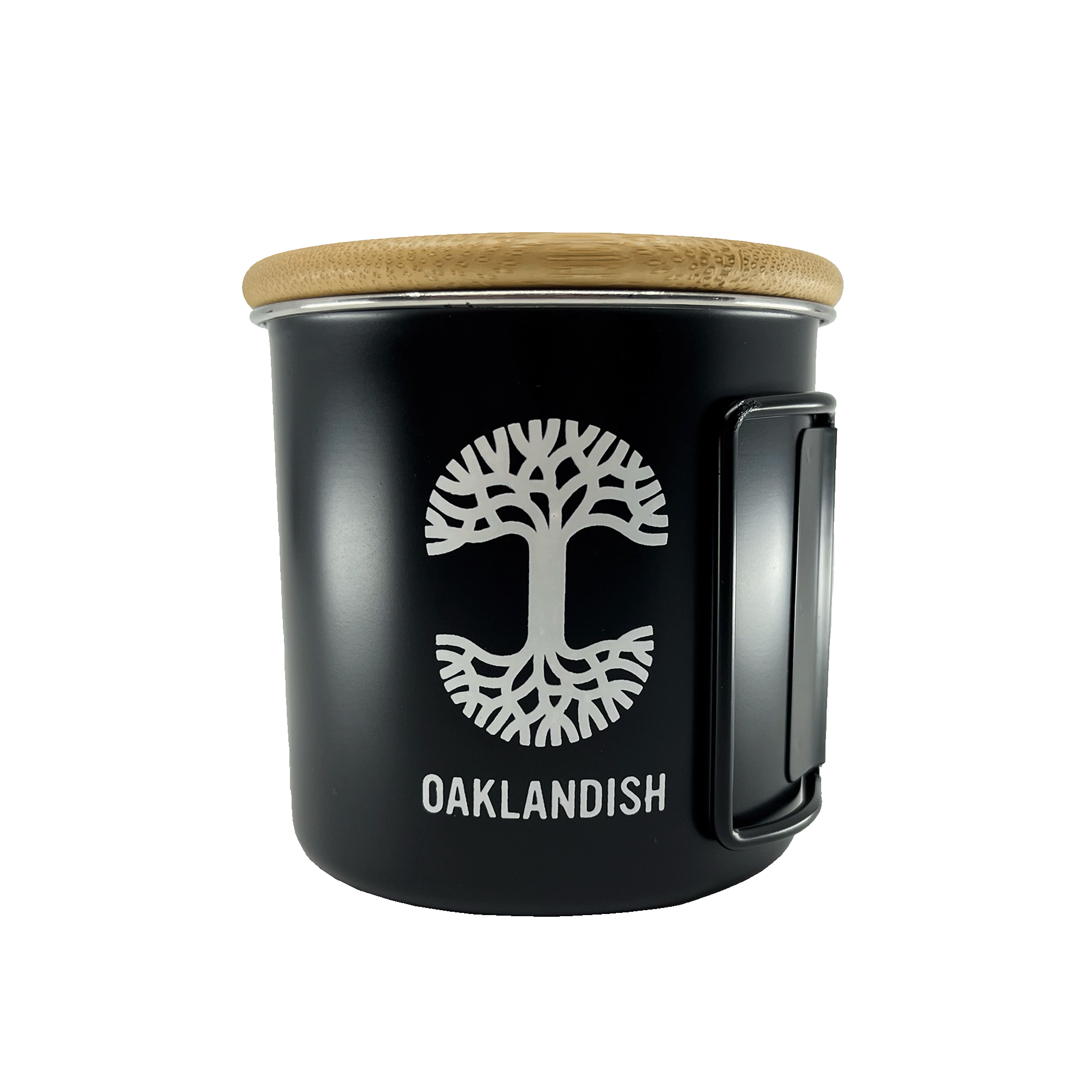 Black stainless steel camp mug with collapsable handle, wood lid, and large white Oaklandish tree logo and wordmark.