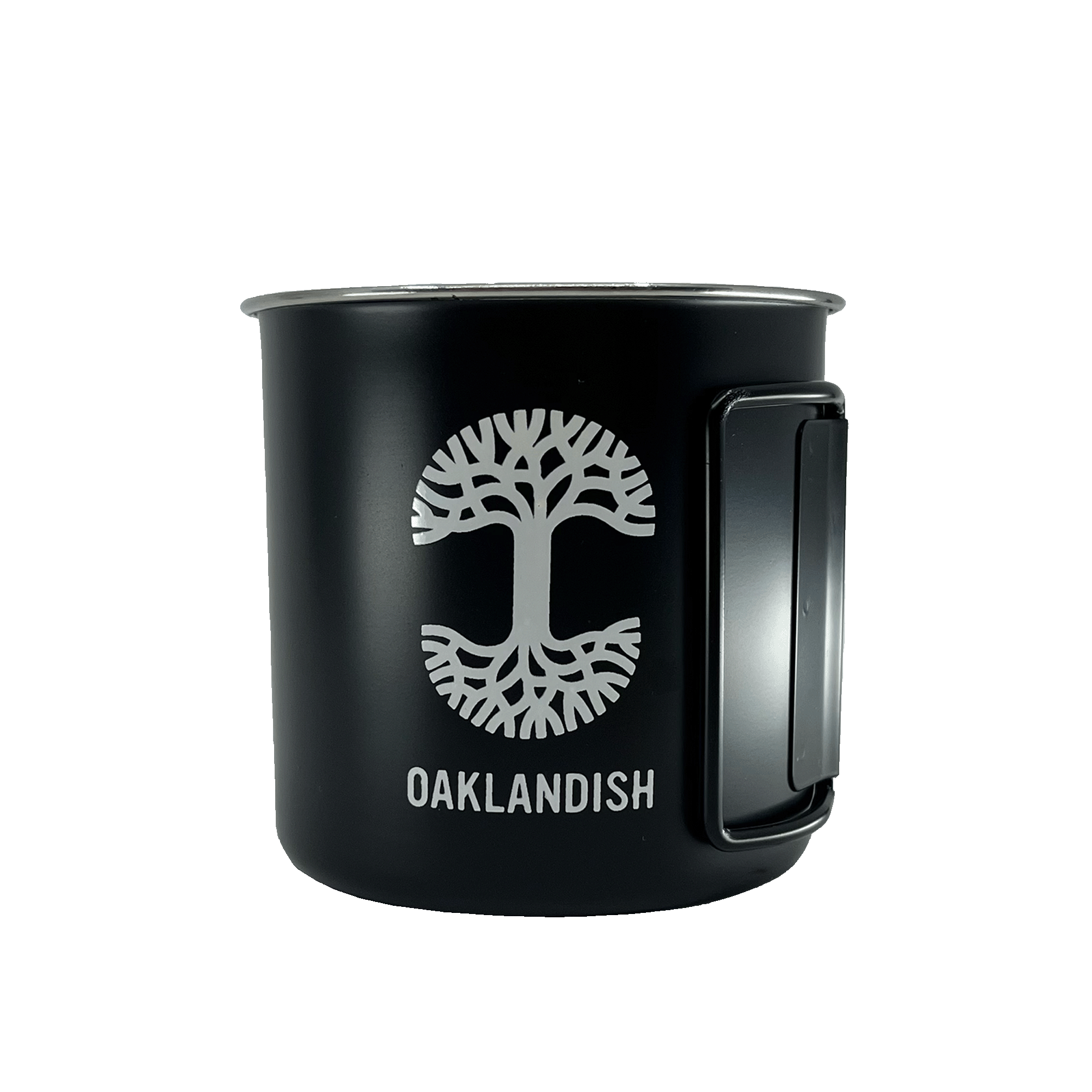 Black stainless steel camp mug with collapsable handle, large white Oaklandish tree logo, and wordmark.