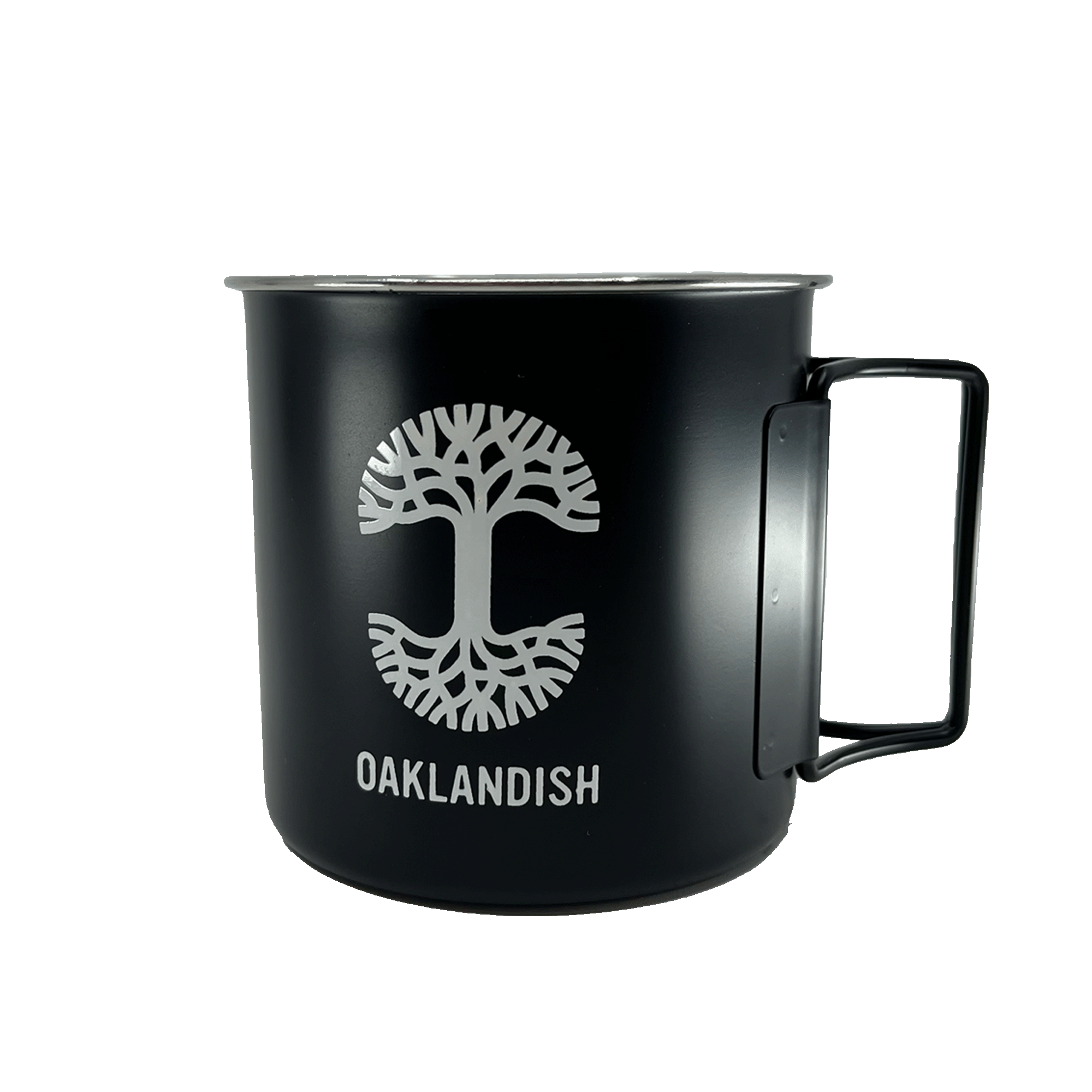 Black stainless steel camp mug with open collapsable handle, large white Oaklandish tree logo, and wordmark.