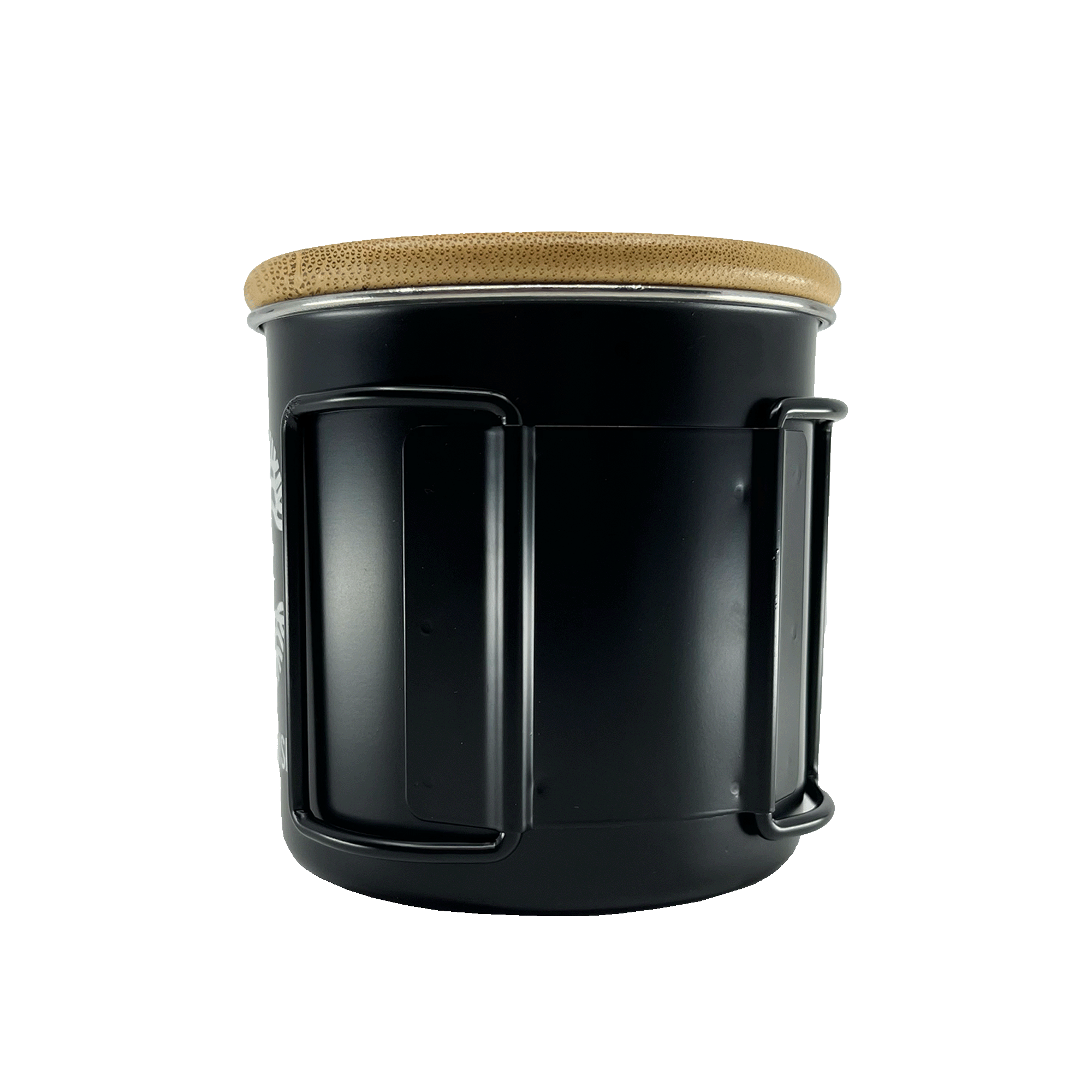 Backside of a black stainless steel camp mug with collapsable handles, and a wood lid.