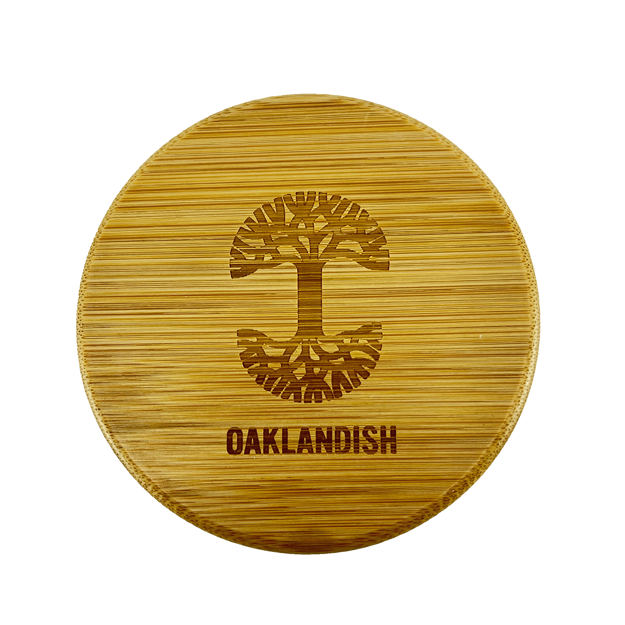 Top view of the lid for an Oklandish camp mug with Oaklandish tree logo and wordmark.