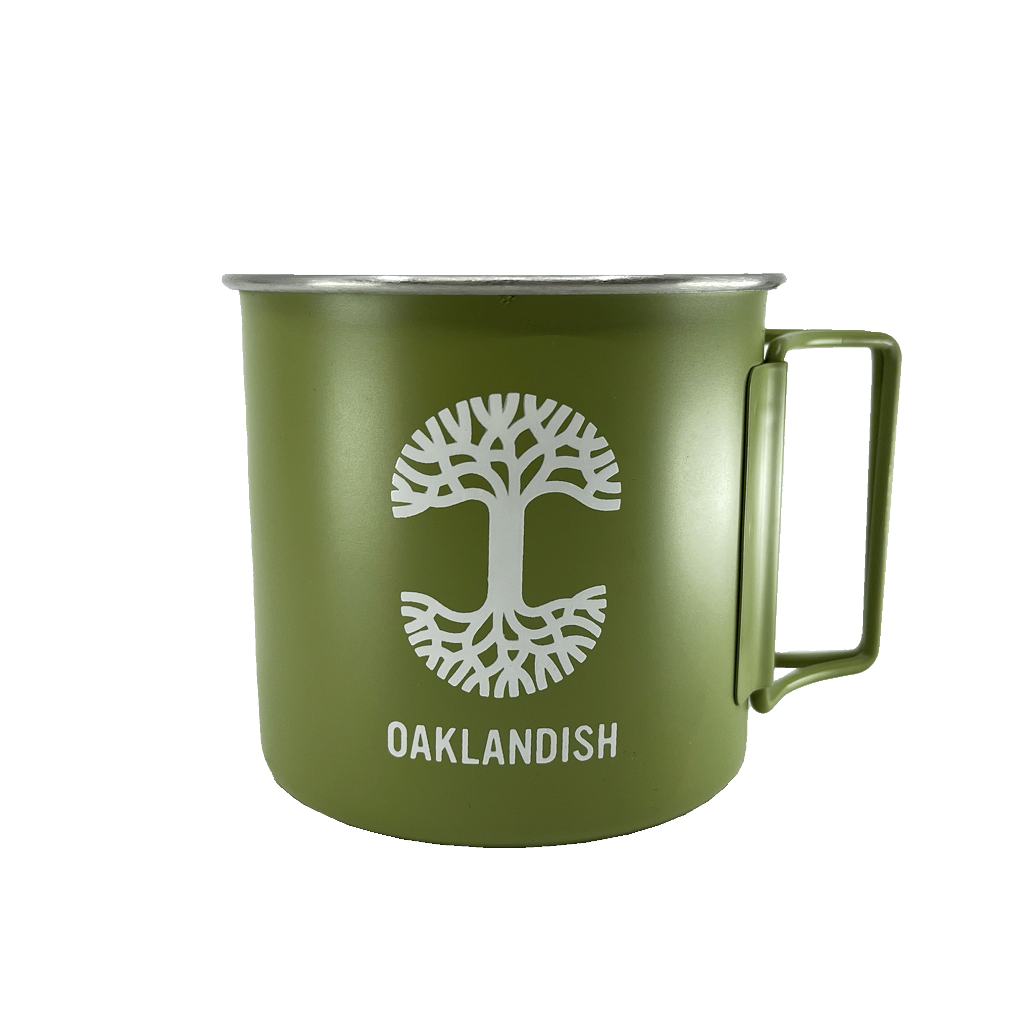 Green stainless steel camp mug with open collapsable handles, large white Oaklandish tree logo, and wordmark.