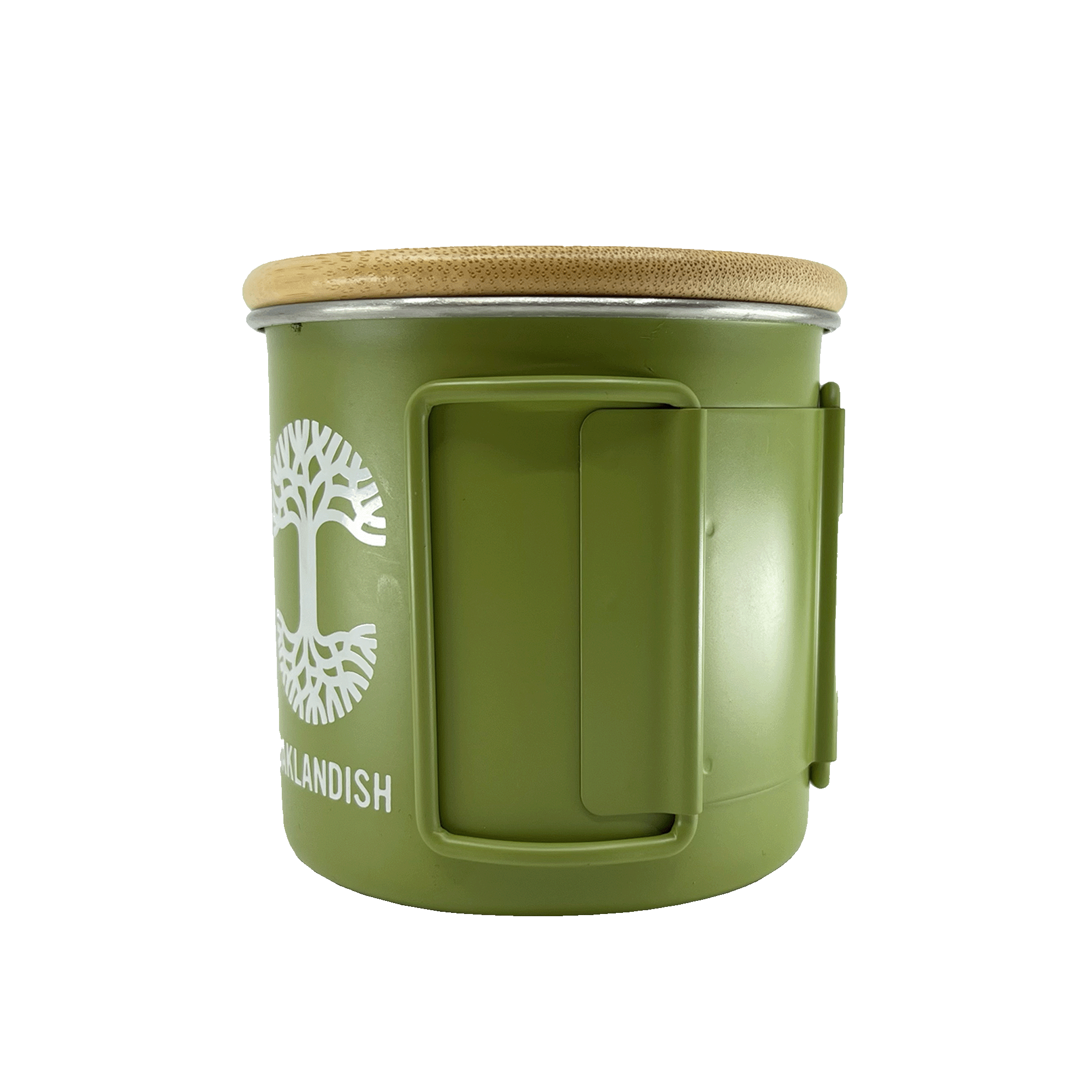 Side view of green stainless steel camp mug with collapsable handles, large Oaklandish tree logo, wordmark, and bamboo lid.