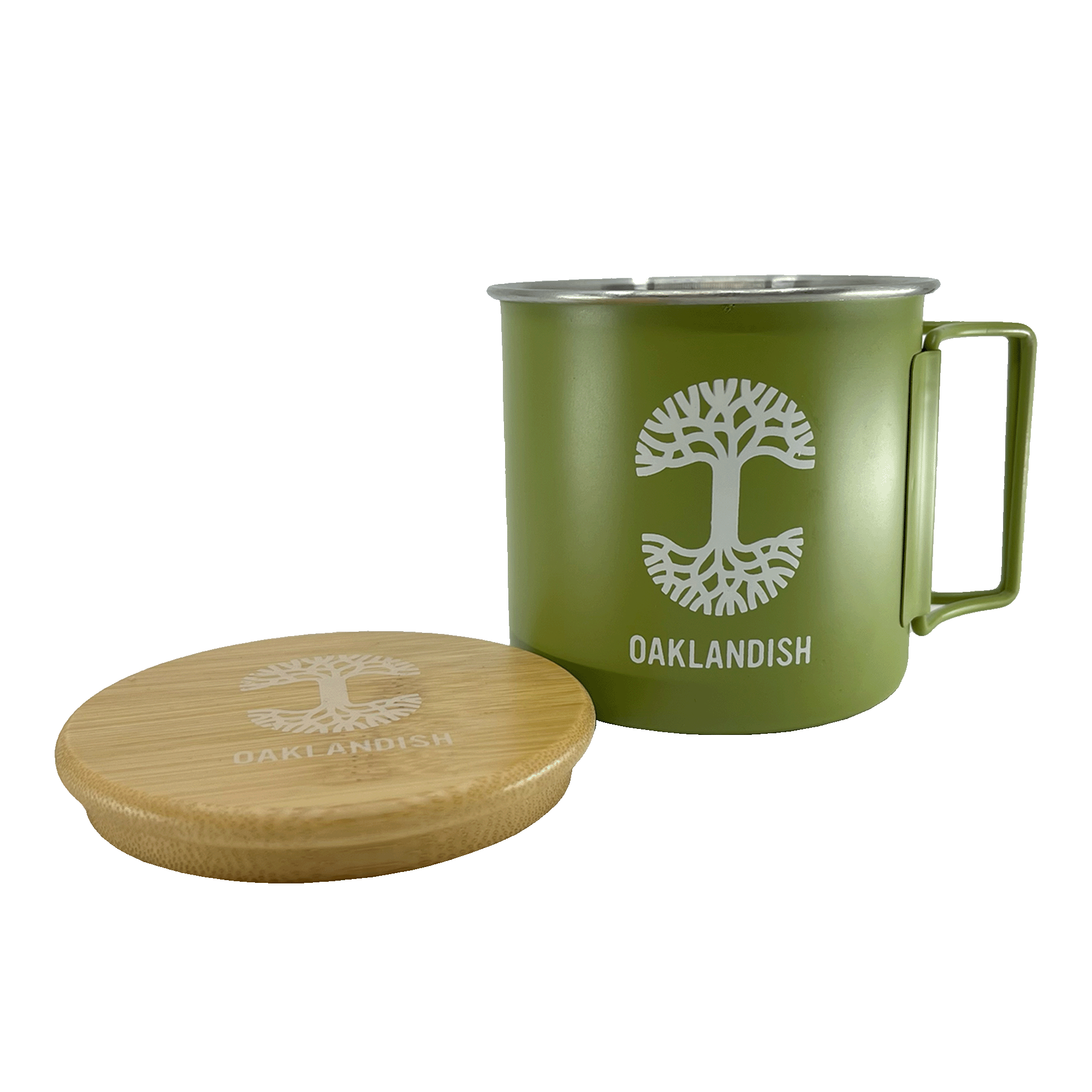 Green stainless steel camp mug with collapsable handles, large white Oaklandish tree logo, and wordmark and bamboo lid with Oaklandish logos sitting beside it.