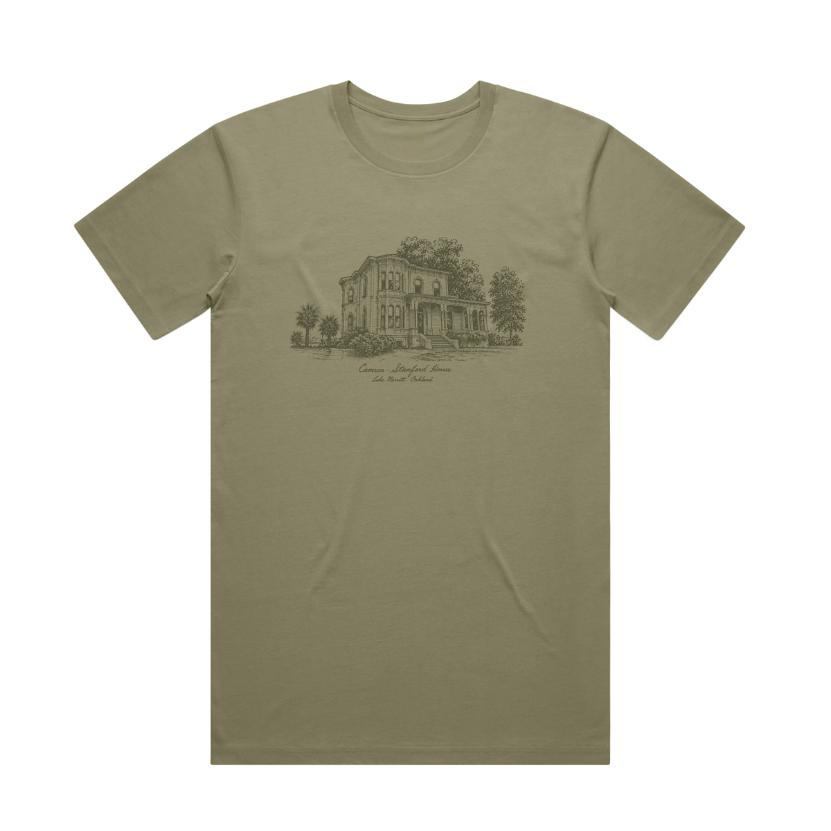 Olive green Camron Stanford Tee by Oaklandish, featuring a fine black line drawing of a historic two-story house with surrounding trees, reminiscent of a classic Victorian estate. Below the illustration, the text reads: “Carson House, Marion, N.C. Late 1800s Postcard.” The short-sleeved shirt has no other visible design elements.