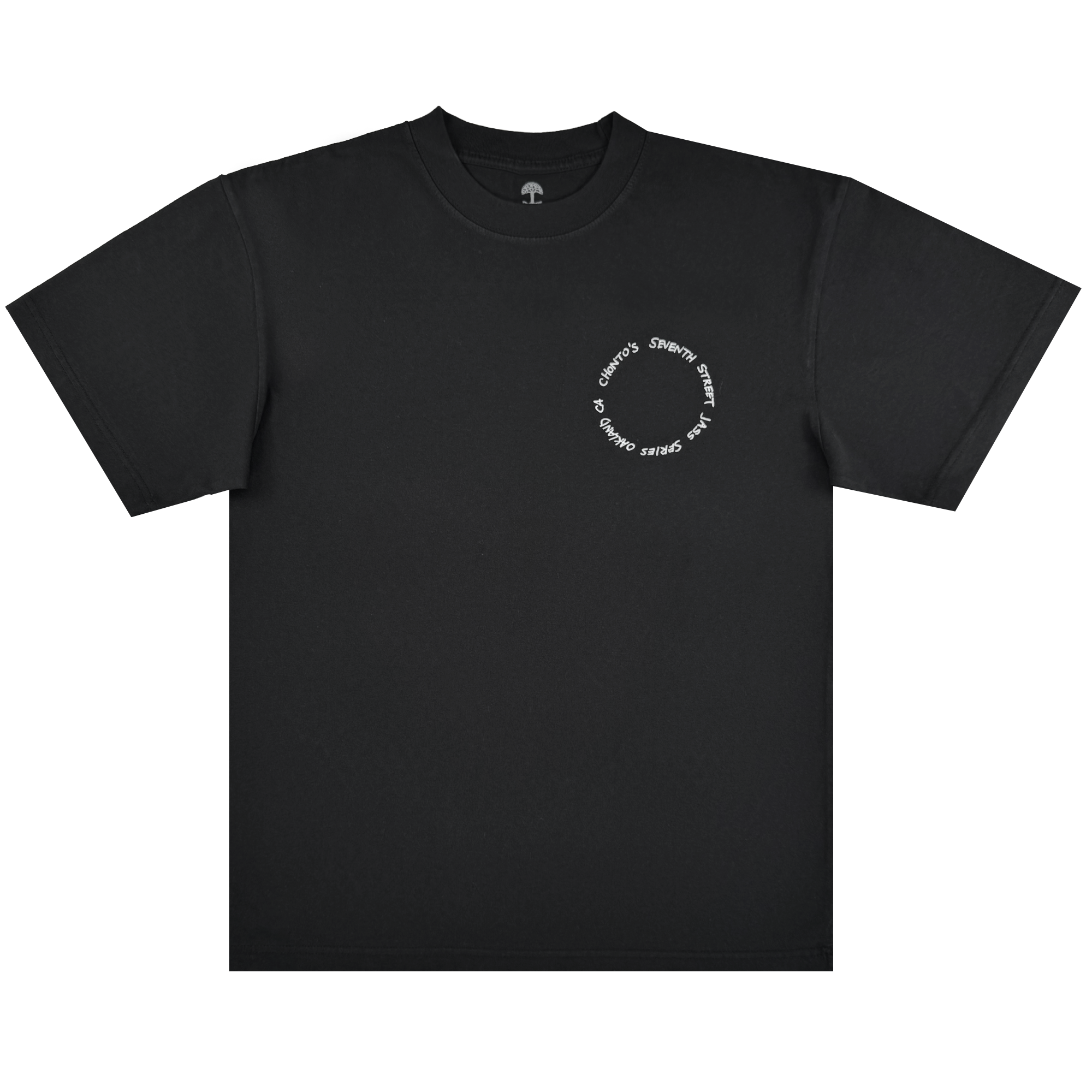 The Ode to Jass Tee by Oaklandish is a classic fit, short-sleeve black t-shirt made from 100% cotton. It features curved white text on the left chest reading “Storms of spirit change are coming.” Shown laid flat on a white background.