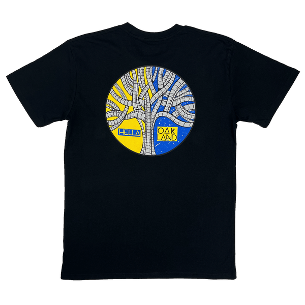 Black cotton T-shirt with a large blue, yellow, and grey HELLA OAKLAND circular tree graphic by artist HellaFutures.