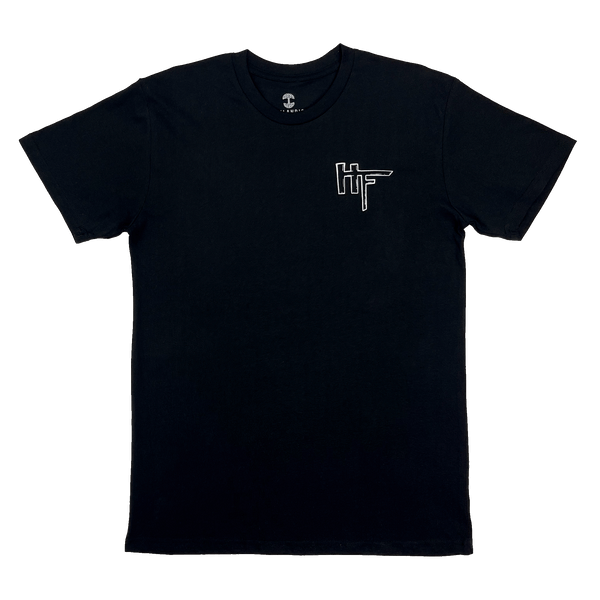 Front view of a black t-shirt with Oakland artist HellaFutures logo on the top left chest.