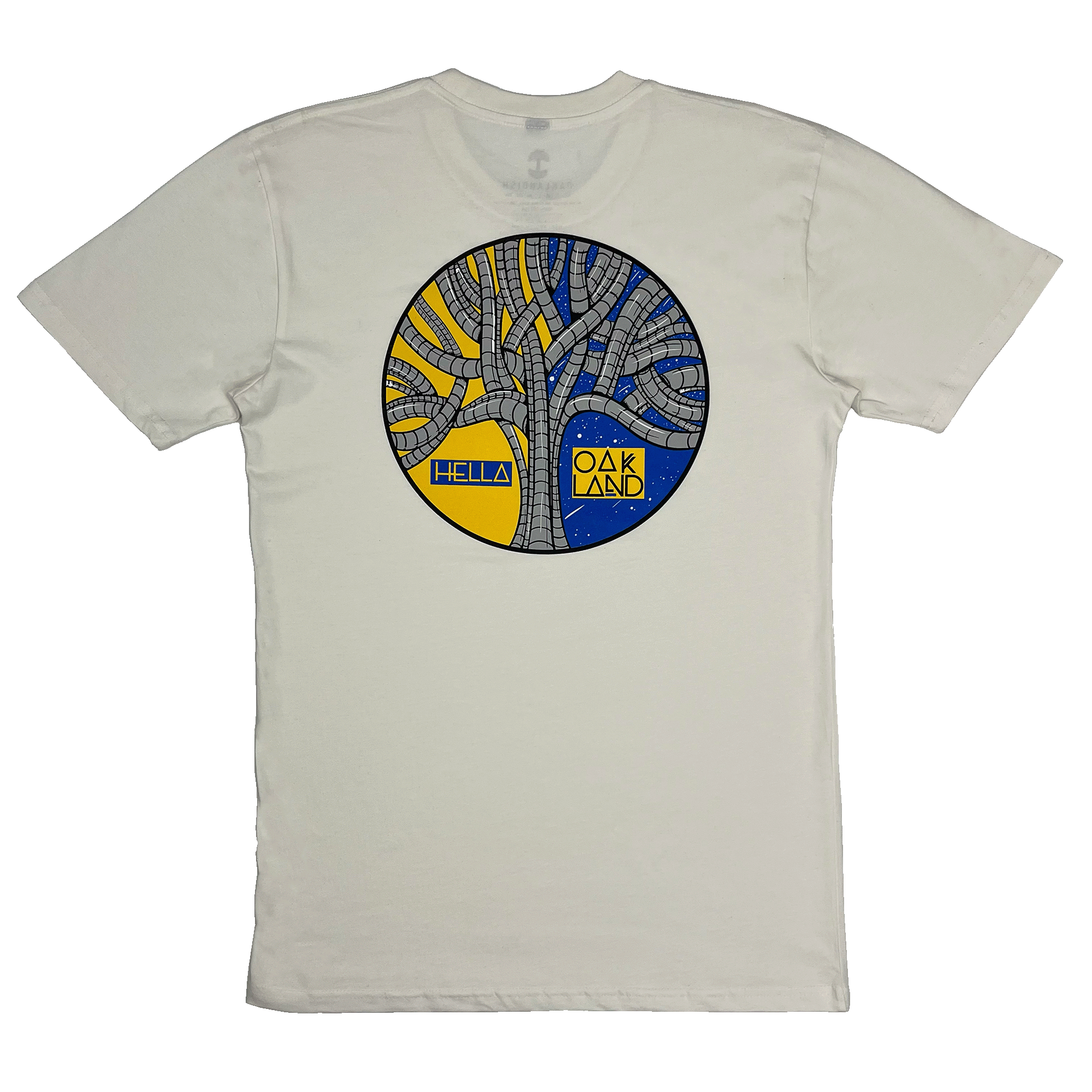 Backside view of a natural cotton-color t-shirt with graphic art designed by Oakland artist HellaFutures and HELLA OAKLAND wordmark.