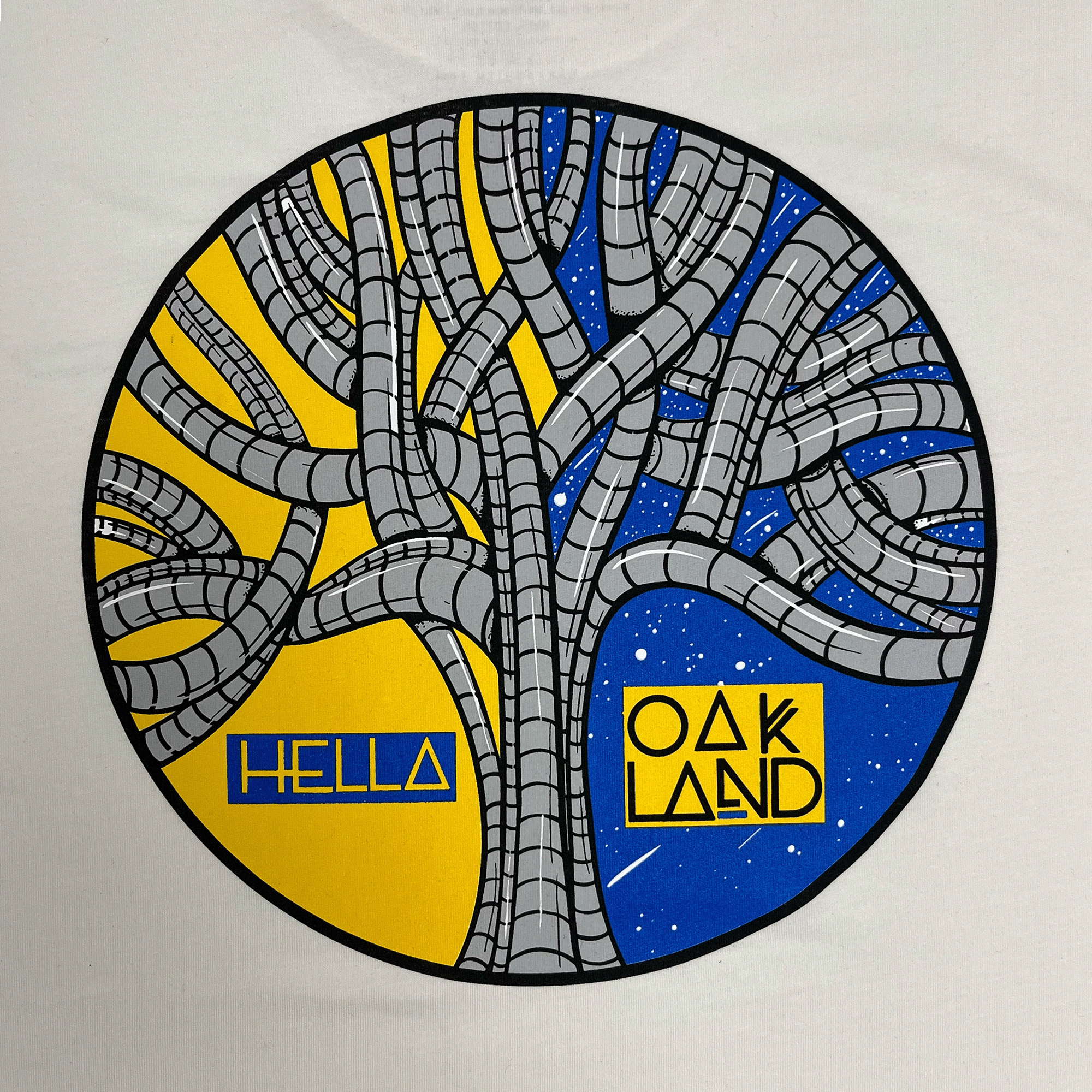Close up of graphic art designed by Oakland artist HellaFutures and HELLA OAKLAND wordmark on the backside of a natural cotton colored t-shirt.