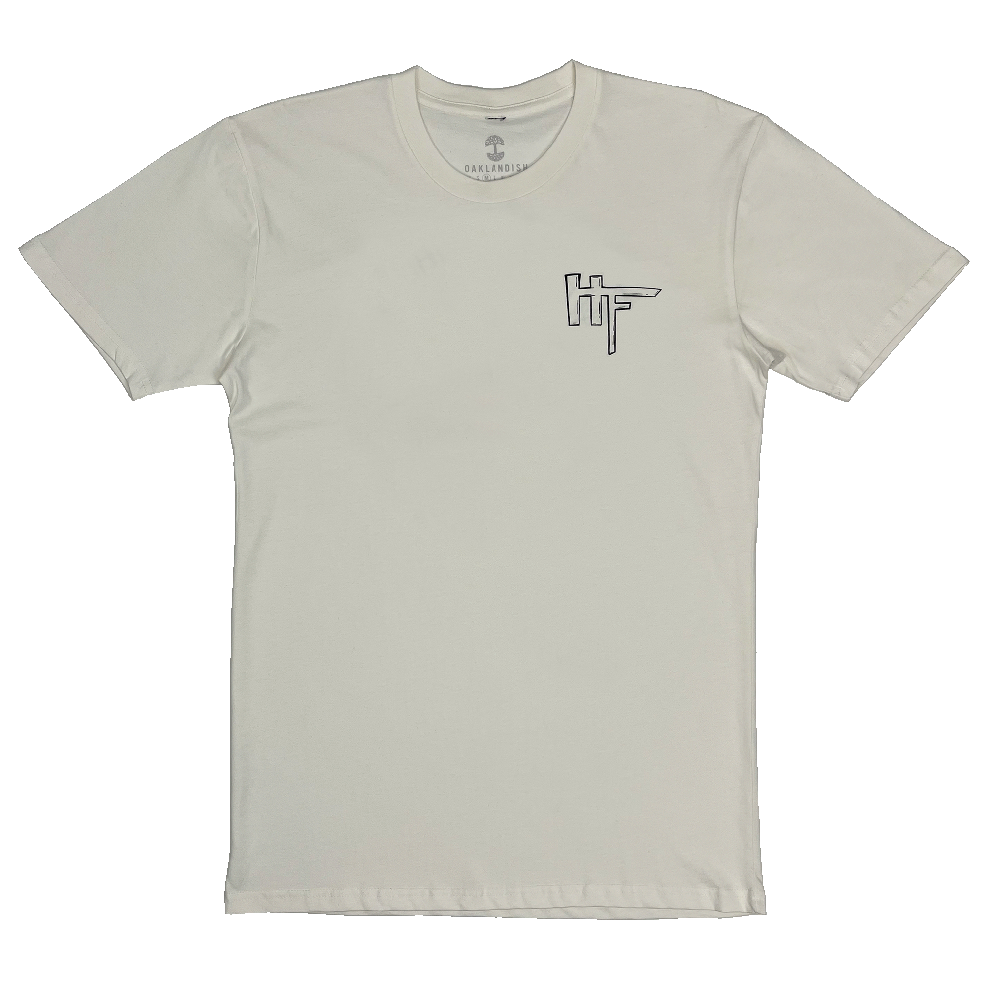 Front view of a natural cotton-color t-shirt with Oakland artist HellaFutures signature on the front chest.