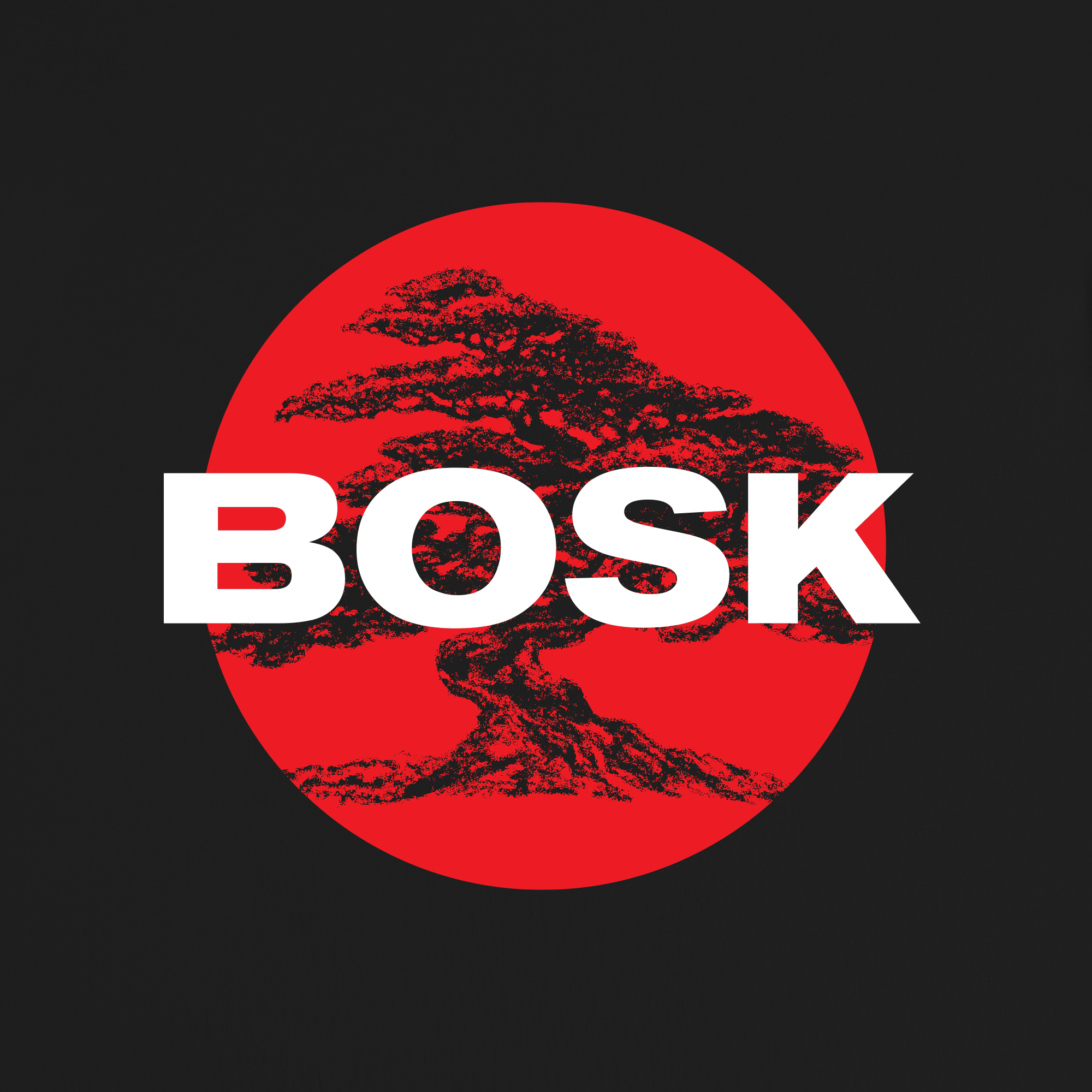 The Circle Bonsai Tee from BOSK features a bold red circle with a stylized black bonsai tree, accented by “BOSK” in large white letters—perfect on a classic fit, heavyweight cotton t-shirt.