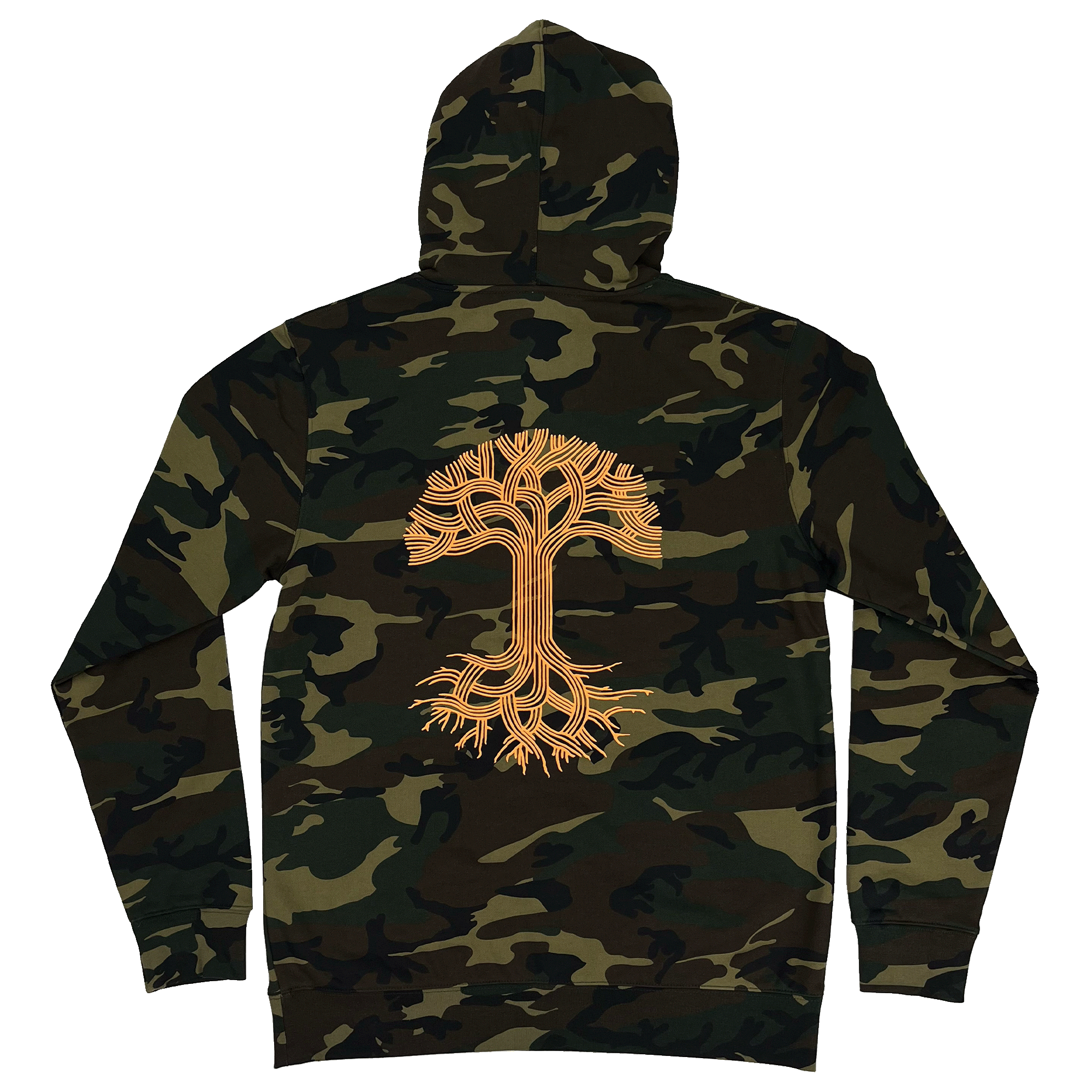Back view of a camo pullover hoodie sweatshirt with a large orange Oaklandish tree logo in the center.
