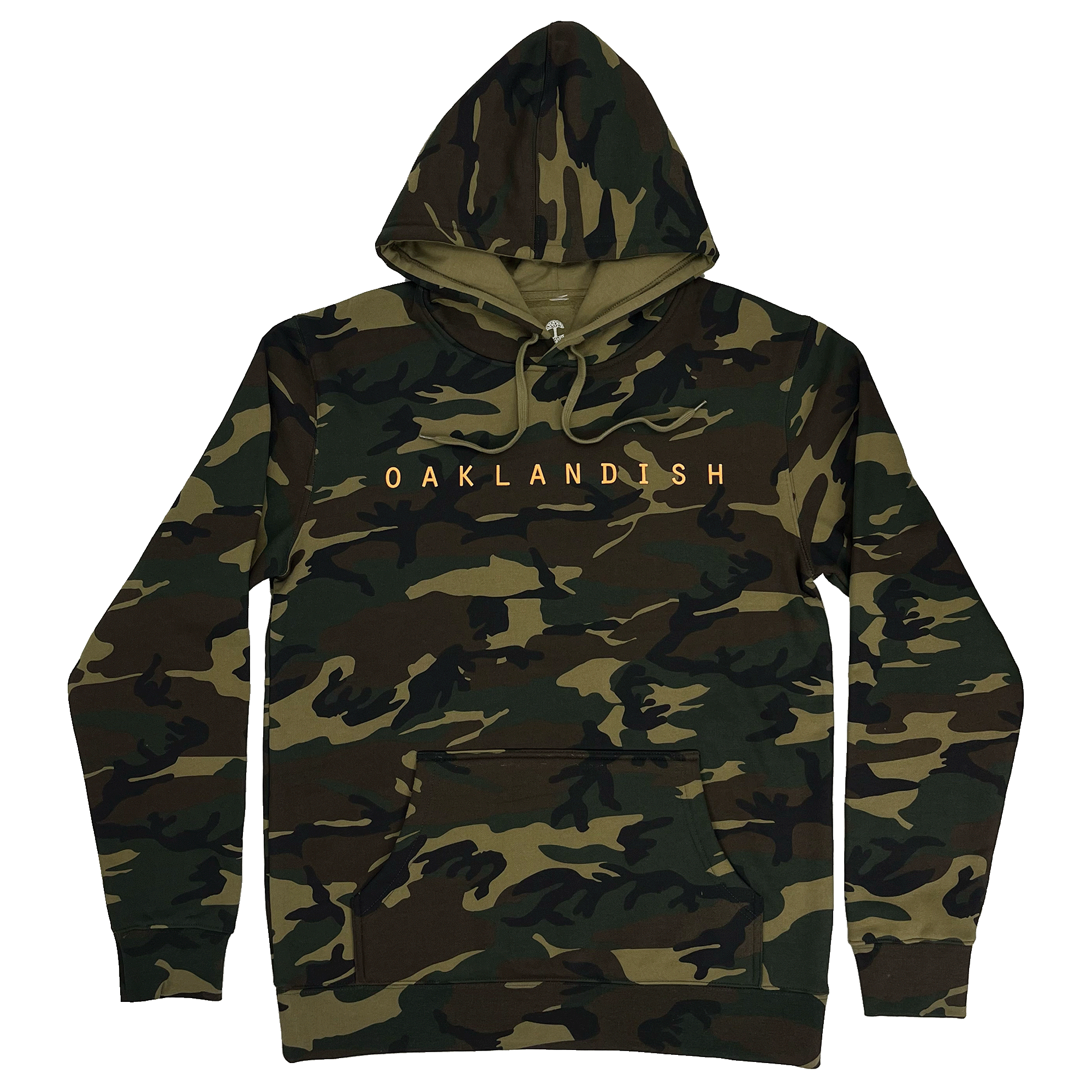 Front view of camo pullover hoodie sweatshirt with orange OAKLANDISH wordmark on the front chest.