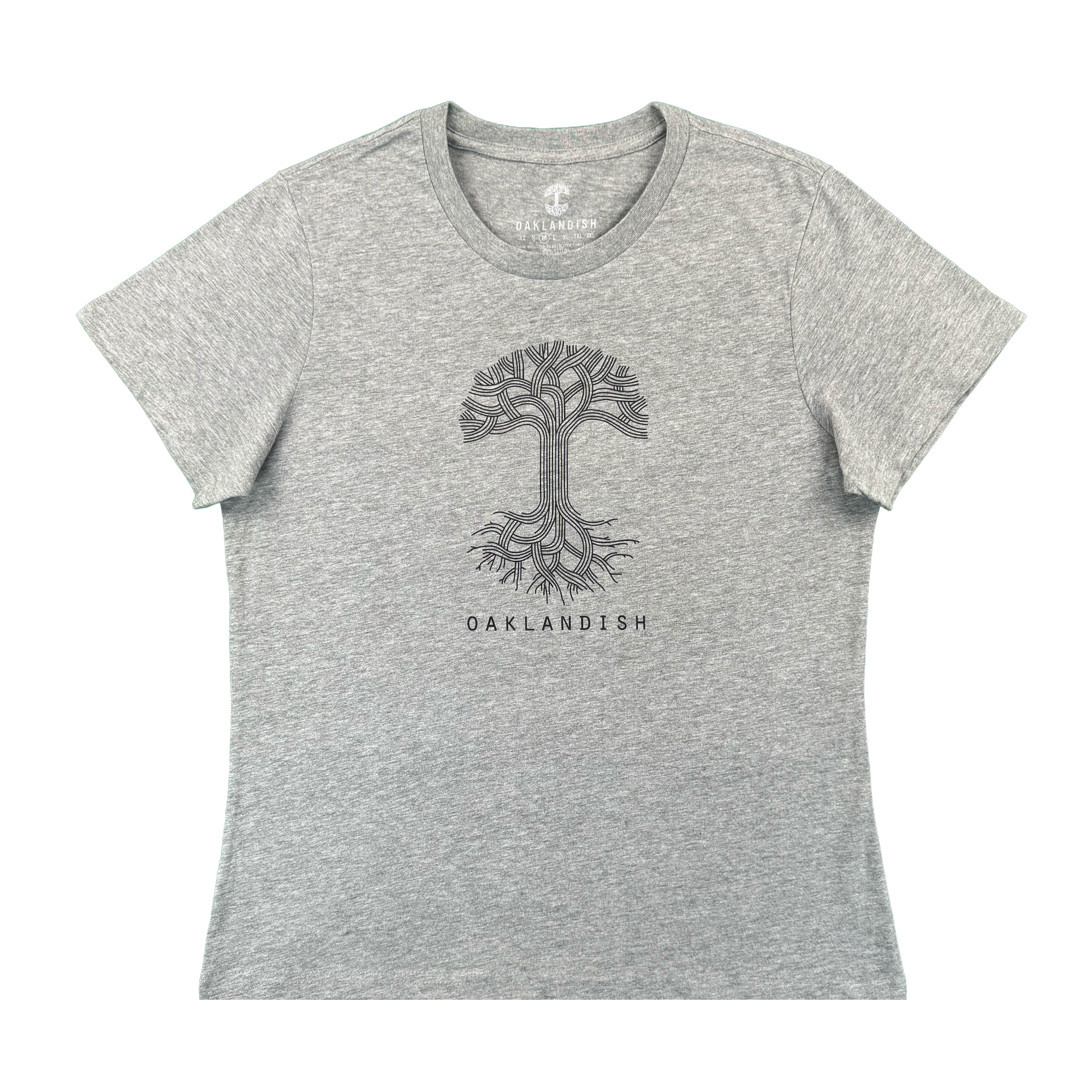 The Women's Oaklandish Logo Tee by Oaklandish is a classic fit, athletic grey shirt made from 100% cotton. It features a black line art tree with roots and “OAKLANDISH” in bold uppercase centered on the chest.
