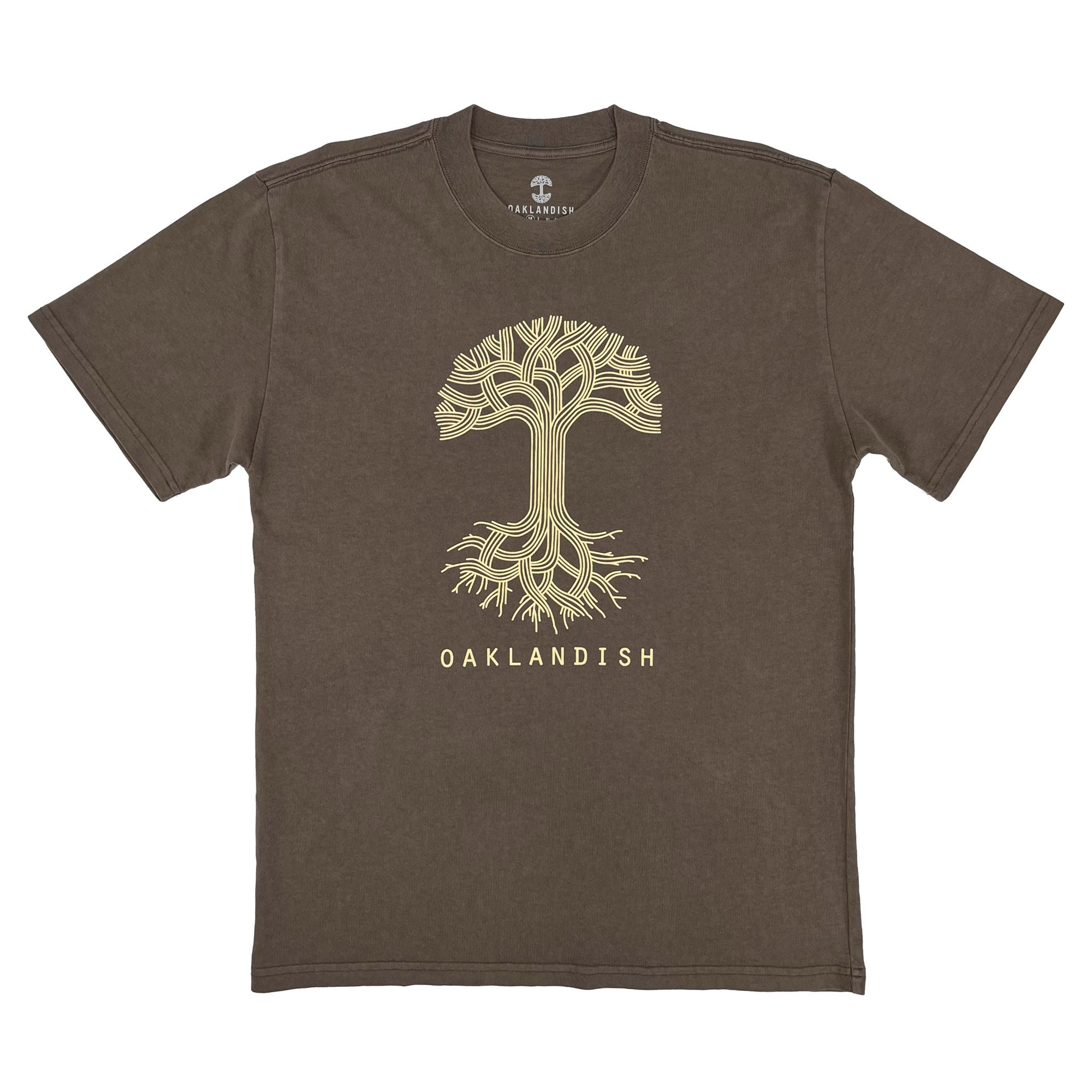 front view Oaklandish classic heavy logo tee faded brown.