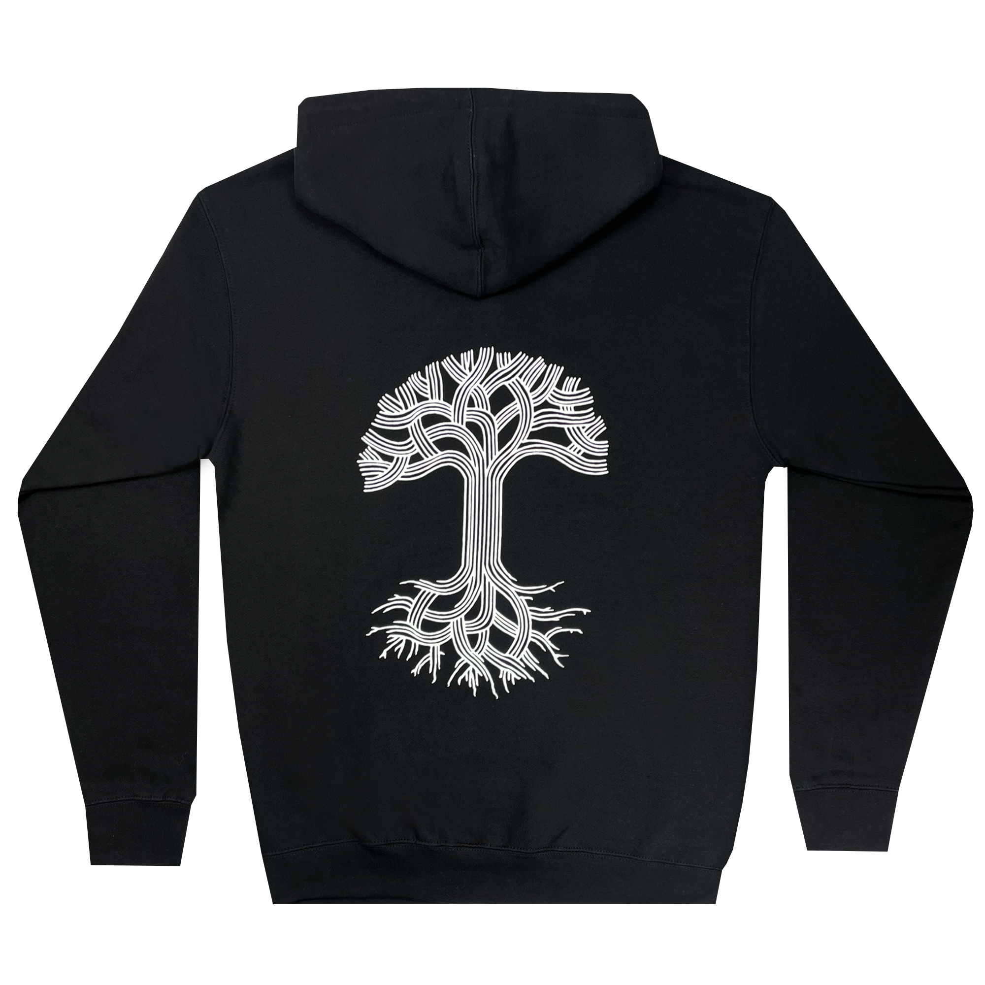 Back view of Oaklandish tree logo on Oaklandish Classic pullover hoodie in black .