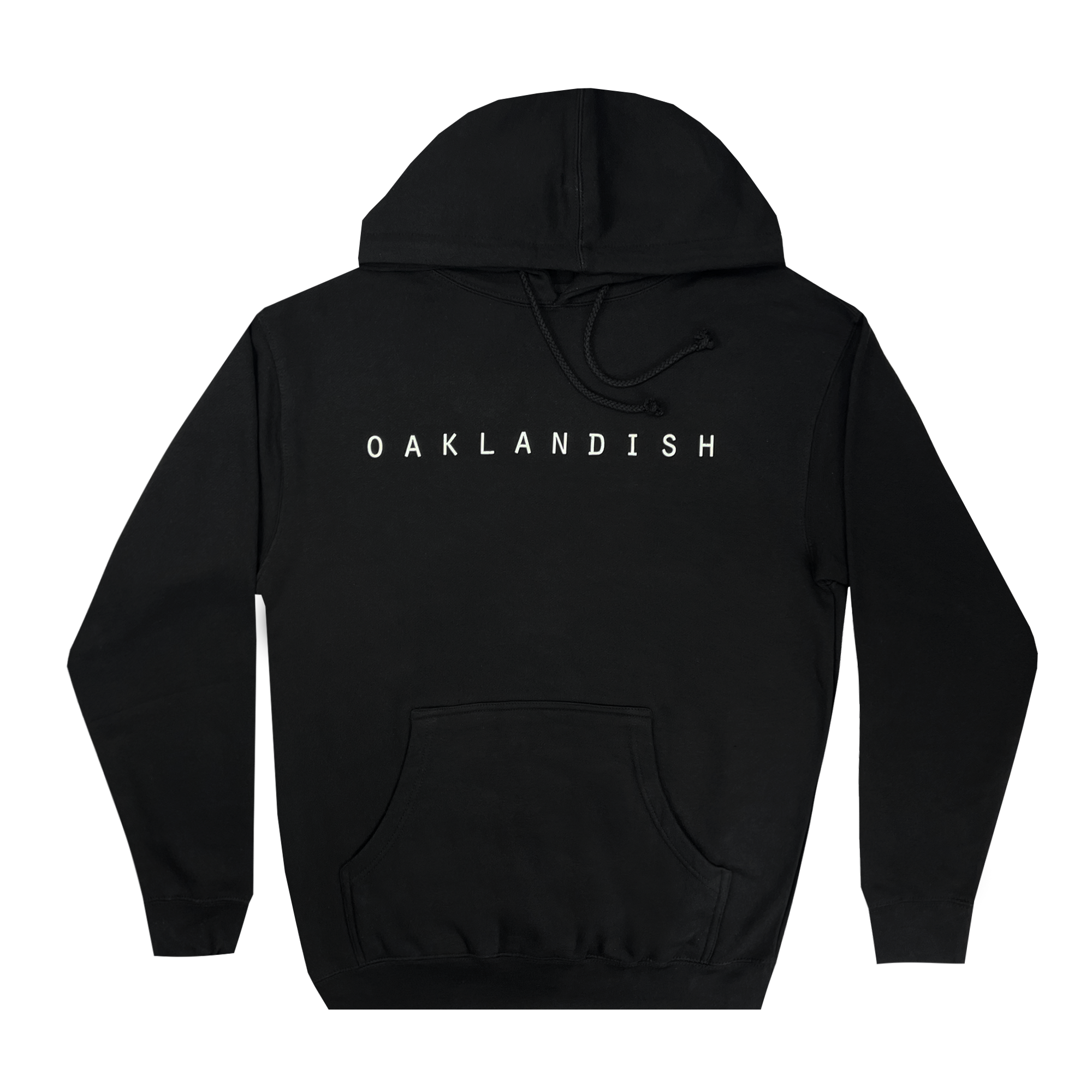 Front view of Oaklandish wordmark logo on Oaklandish Classic pullover hoodie in black .