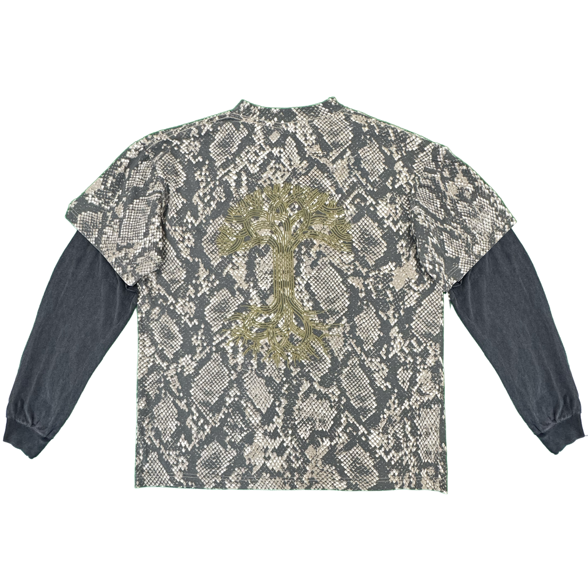 The Oaklandish Classic Logo LS Tee by Oaklandish features vintage black long sleeves with a short-sleeve overlay in a gray snakeskin pattern, reminiscent of a classic layered look. The back showcases an oversized gold embroidered tree logo with intricate metallic detailing on the roots and branches. Crafted from 100% cotton, this shirt is displayed flat against a white background.