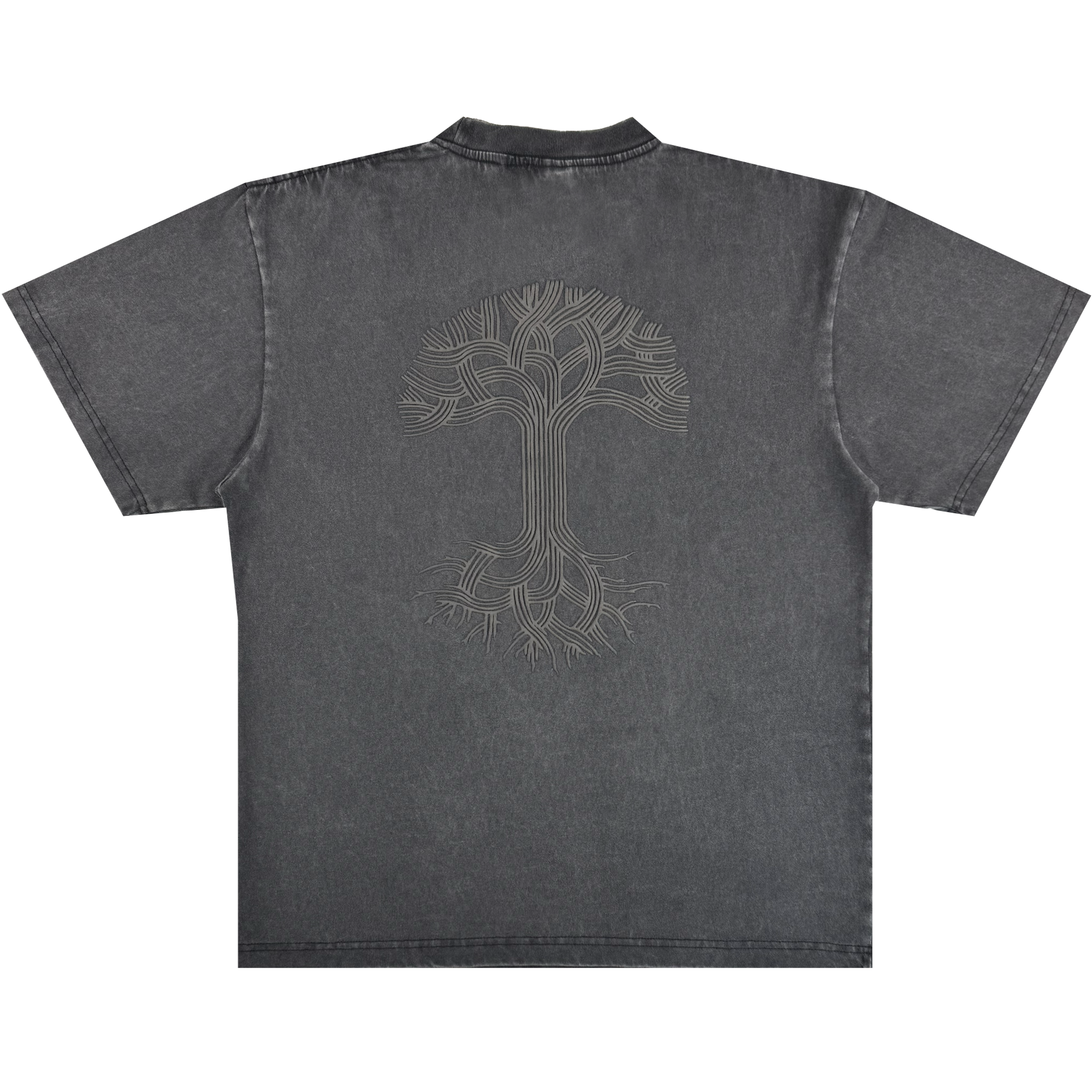 The Oaklandish Classic Logo Tee by Oaklandish is a faded black heavyweight cotton short-sleeve shirt featuring an oversized fit, standard collar with visible stitching, and a large light grey line-art tree design on the back.