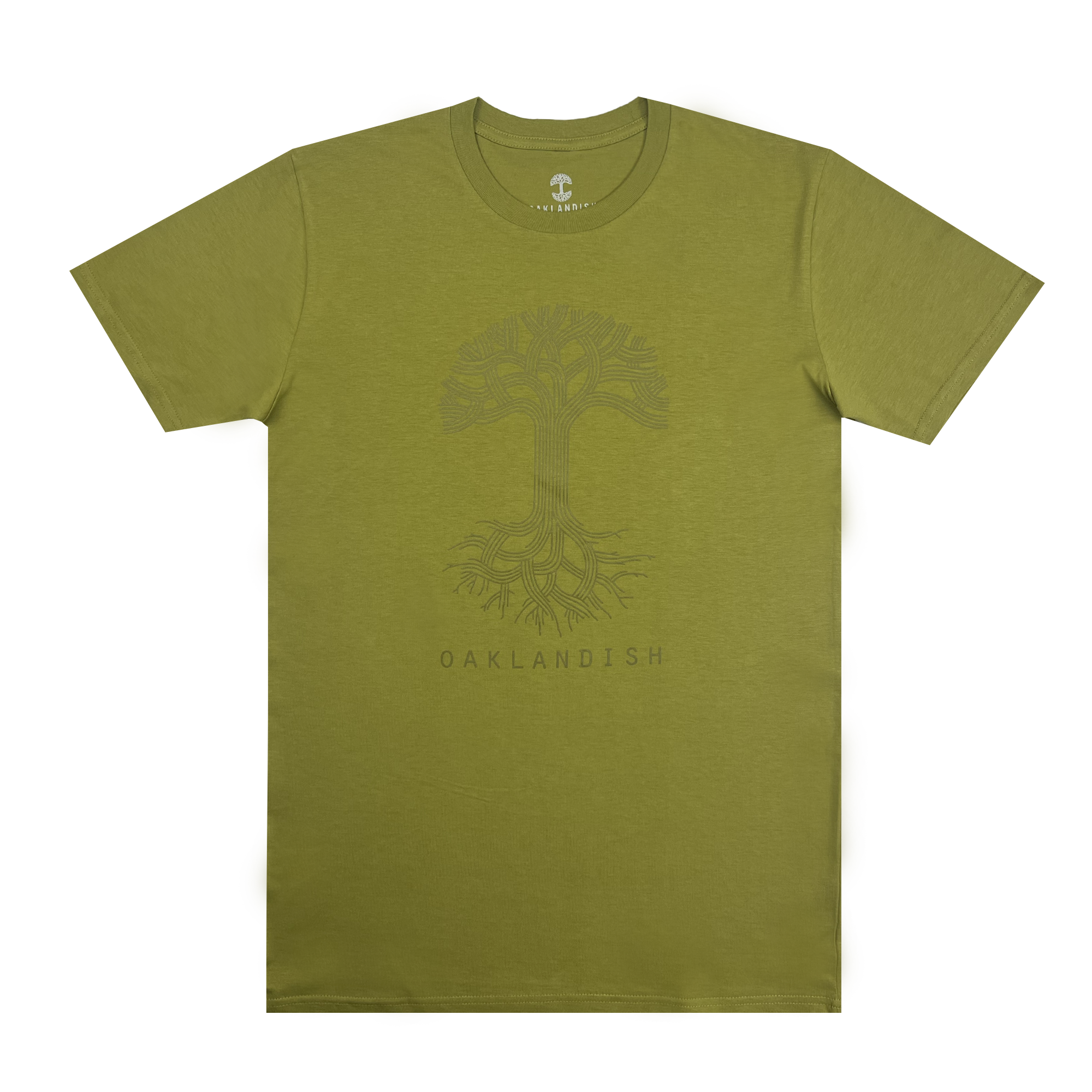 Front view Oaklandish classic logo tee moss.