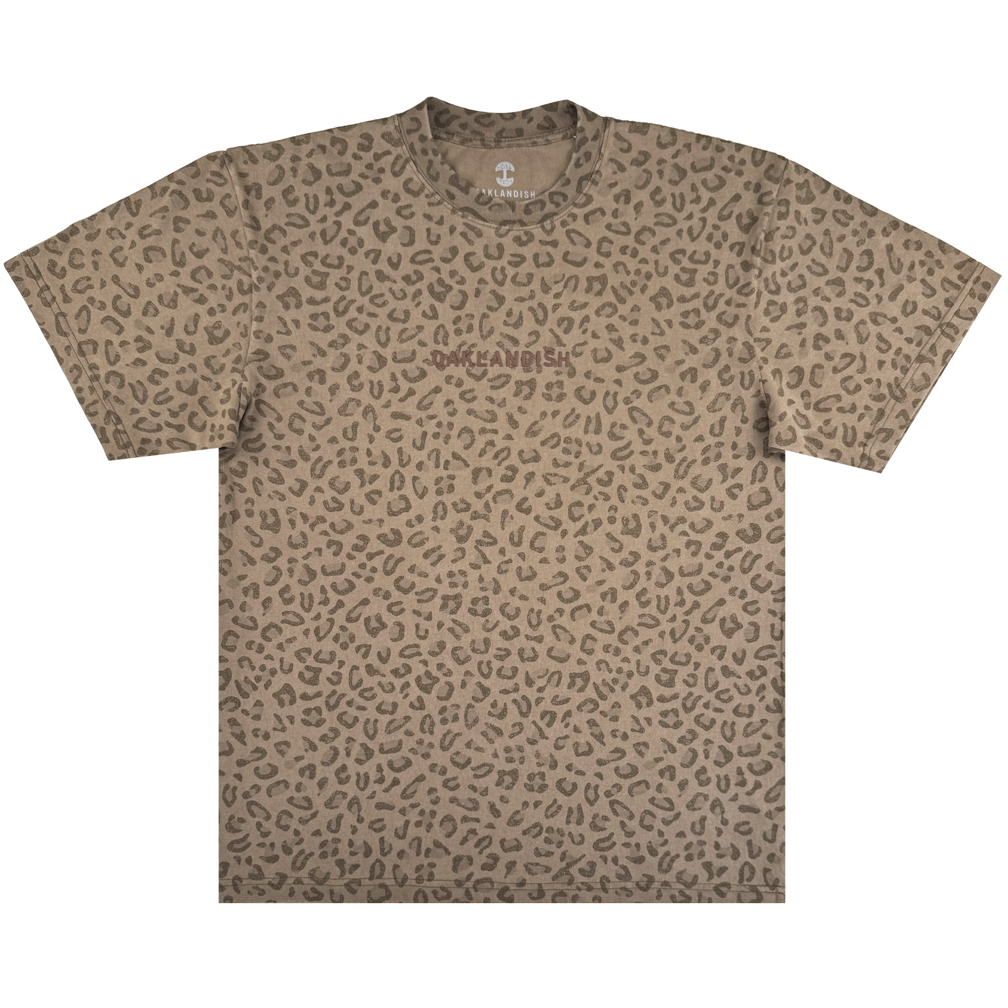 The Oaklandish Classic Logo Tee by Oaklandish is a men's oversized, heavyweight cotton short-sleeve crew-neck t-shirt in brown and tan leopard print with a subtle logo on the chest, set against a plain white background.