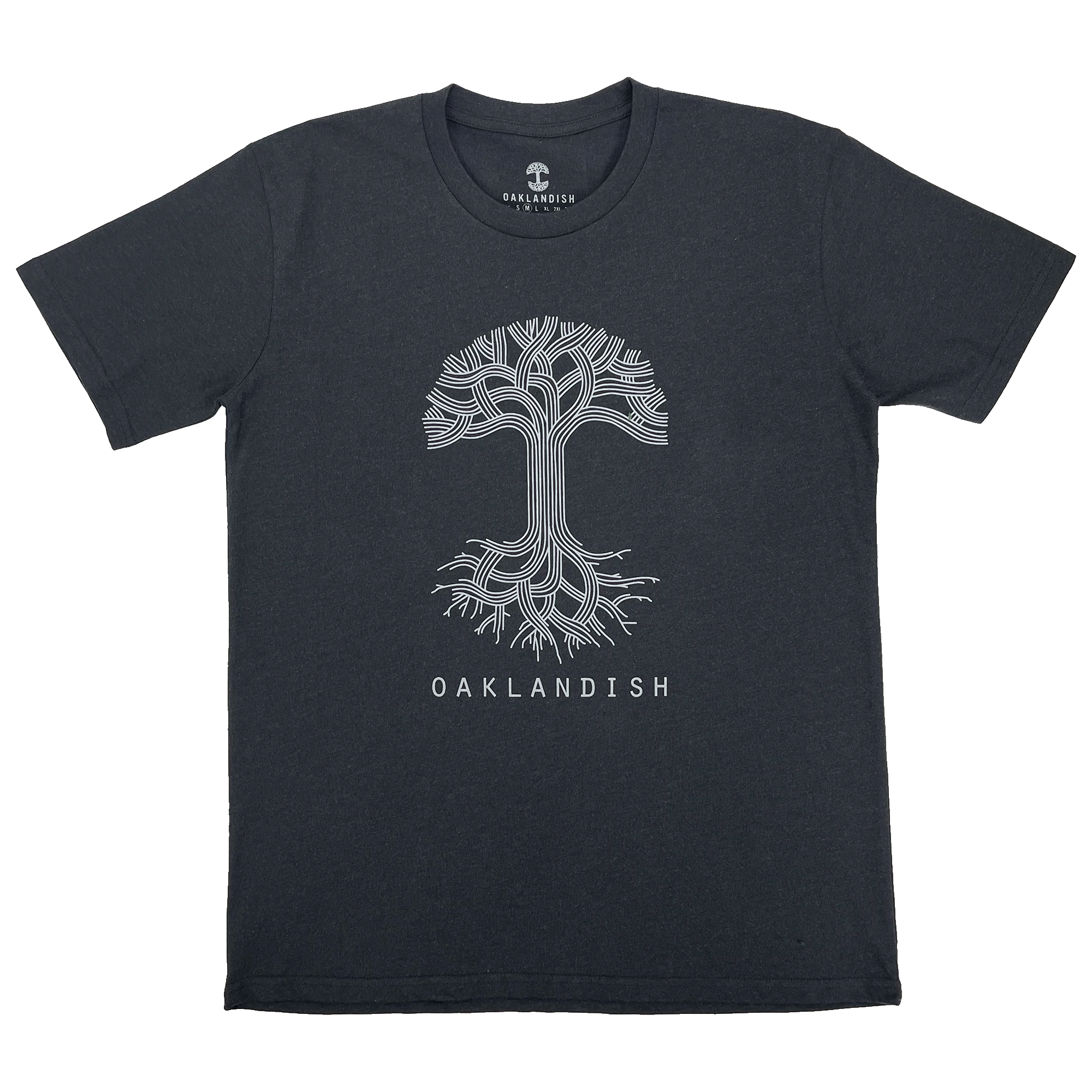 Front view of a heather black t-shirt featuring a white line drawing of an Oaklandish tree with an Oaklandish wordmark.