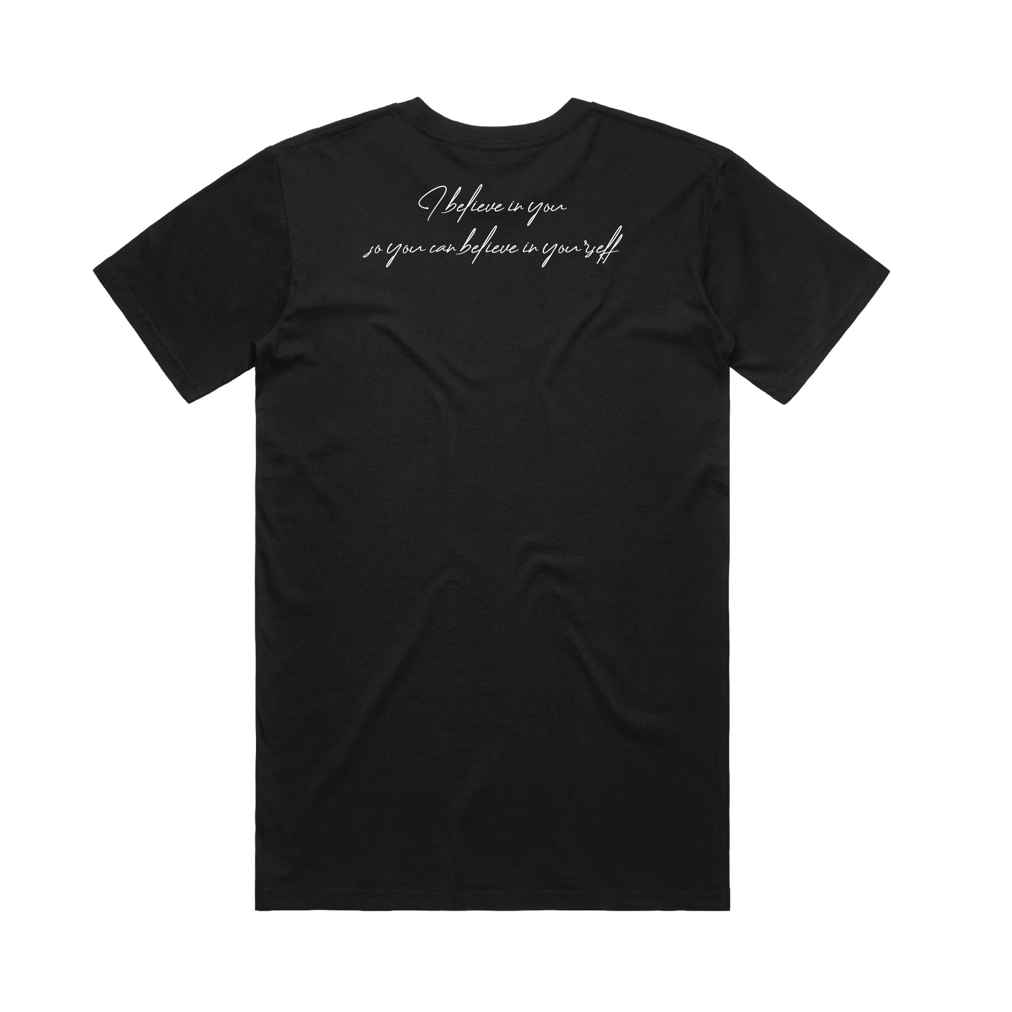 The Coach Beam's Legacy Tee by Other is a black short-sleeve shirt shown flat from the back. Across the upper back, white cursive reads “I believe in you so you can believe in yourself,” honoring the Coach Beam Legacy. No other designs or logos.