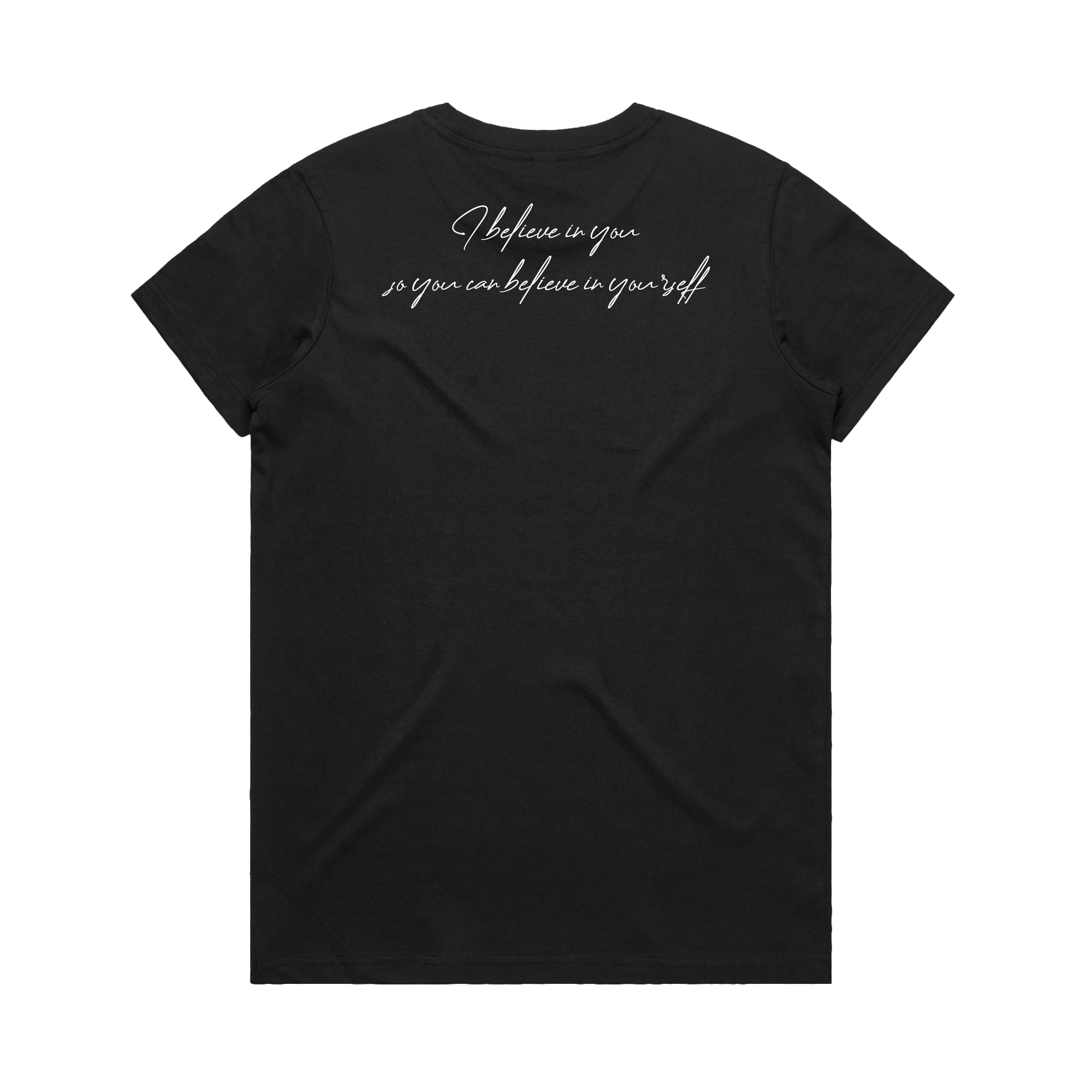 The Women's Coach Beam's Legacy Tee by Oaklandish is a black short-sleeve t-shirt laid flat, back facing up, featuring white cursive text near the upper back: "I believe in you, so you can believe in yourself." Inspired by Coach John Beam.