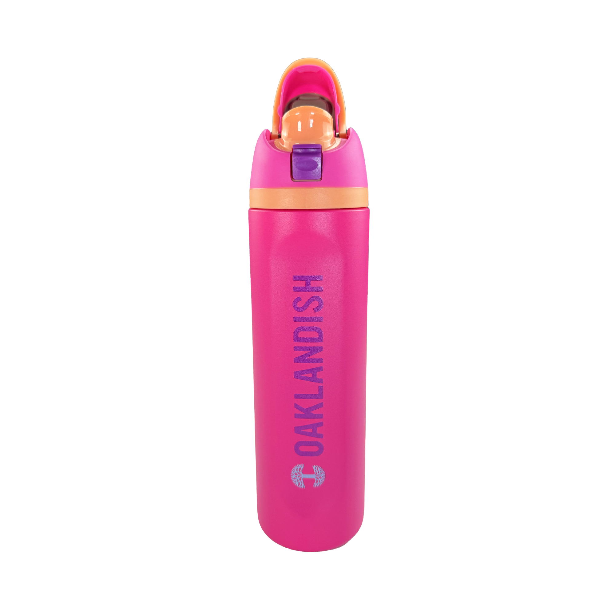 The Oaklandish Colorful Bottle by Oaklandish is tall and bright pink, featuring an orange lid, a purple flip-top spout, and "OAKLANDISH" in large silver letters down the front. The background is plain white.