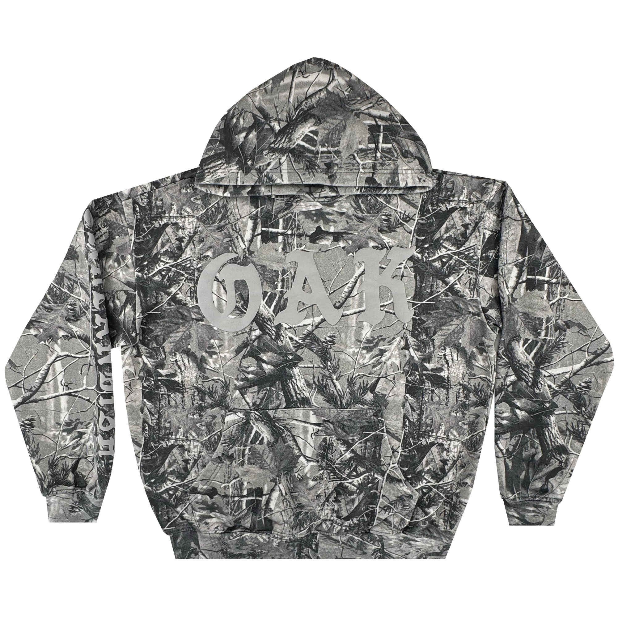 The Oaklandish Cork Hoodie is a men’s pullover in grey wood camo, inspired by tree and branch patterns. "OAK" appears in bold white letters across the upper back, centered between the shoulders.