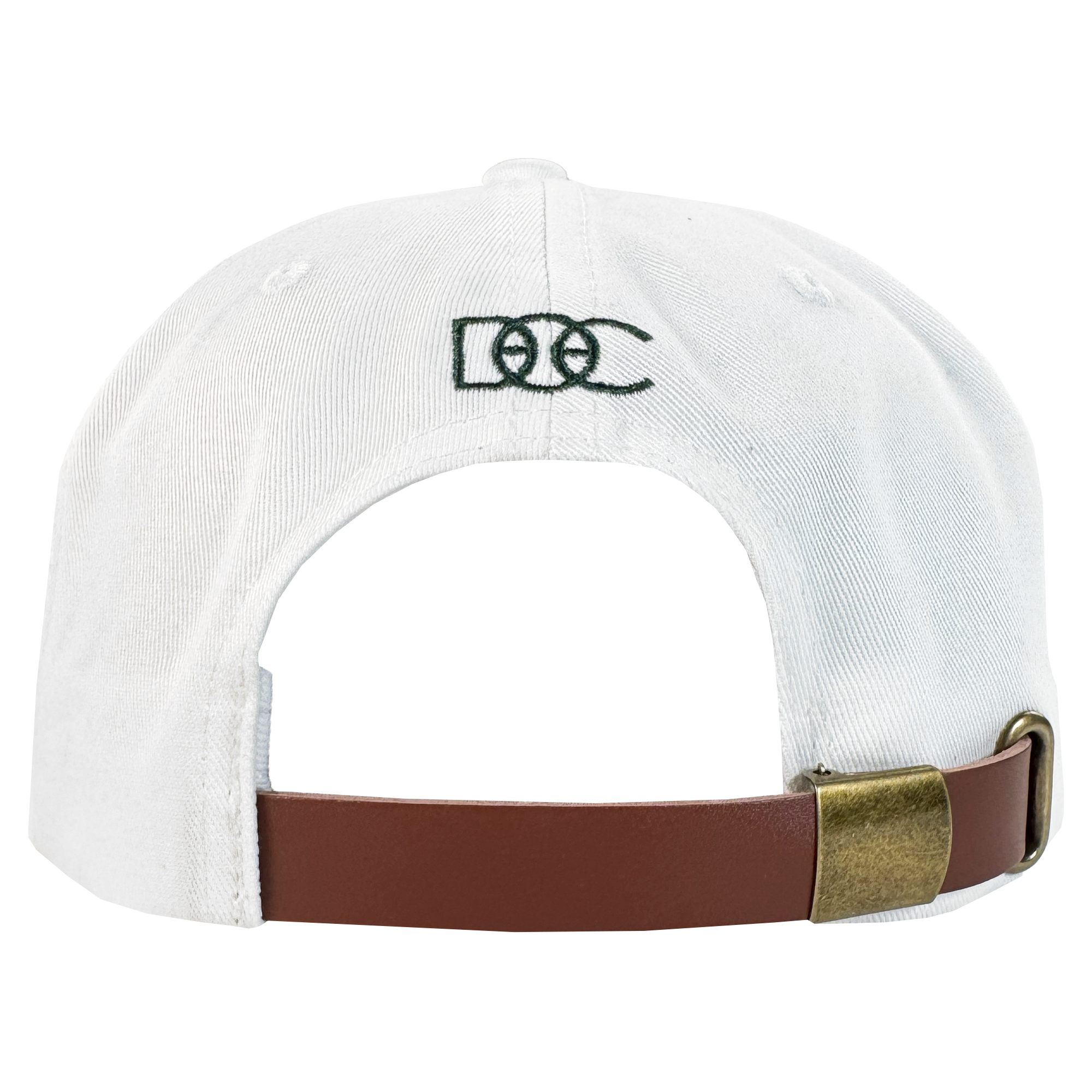 The Bay Area 5 Panel by DOC from Oaklandish features a white strap back, a brown adjustable strap with brass buckle, and green "DCC" embroidery above the opening on the plain white back.