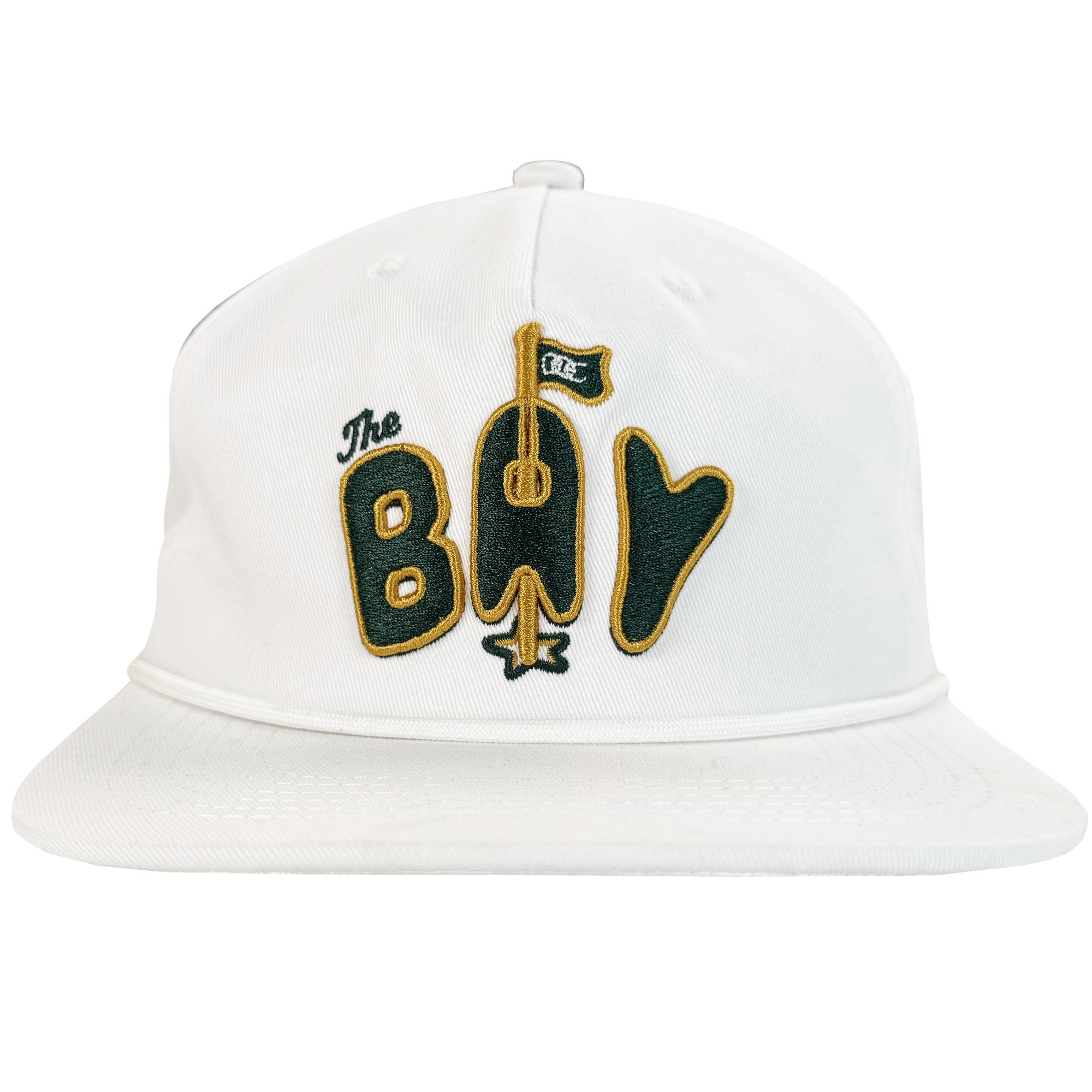 The Bay Area 5 Panel by DOC from Oaklandish is a white unstructured strap back hat with green and gold “The Bay” embroidery, featuring a gold bat-shaped "A," green flag, and gold star. Part of The Bay Collection.