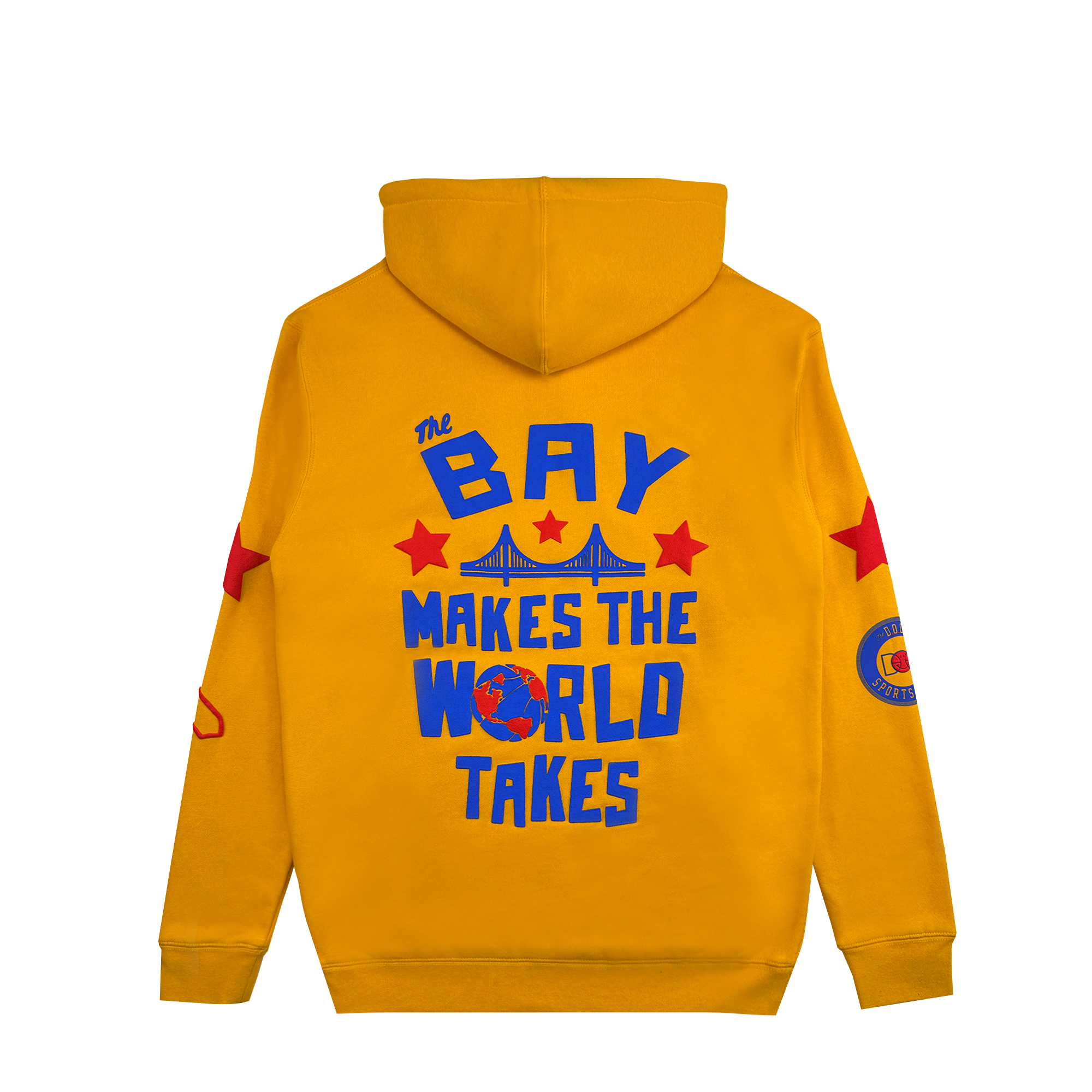 The Bay Bridge Hoodie by Oaklandish features vibrant yellow fabric with bold blue text on the back: "The Bay Makes the World Takes," celebrating Bay Area influence. With red stars, a globe motif, sleeve graphics, a front pocket, and hood, it embodies an art project's spirit.